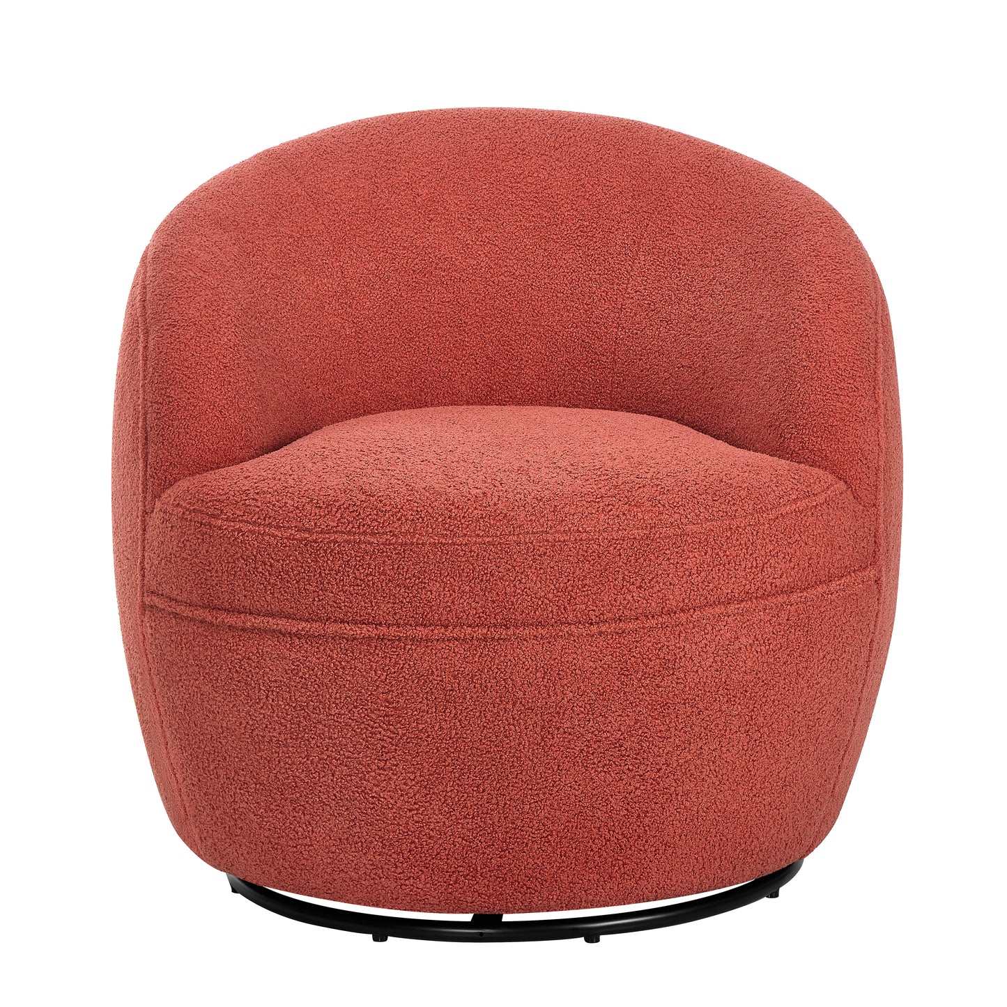 Terracotta textured boucl accent chair with a rounded back and black metal base