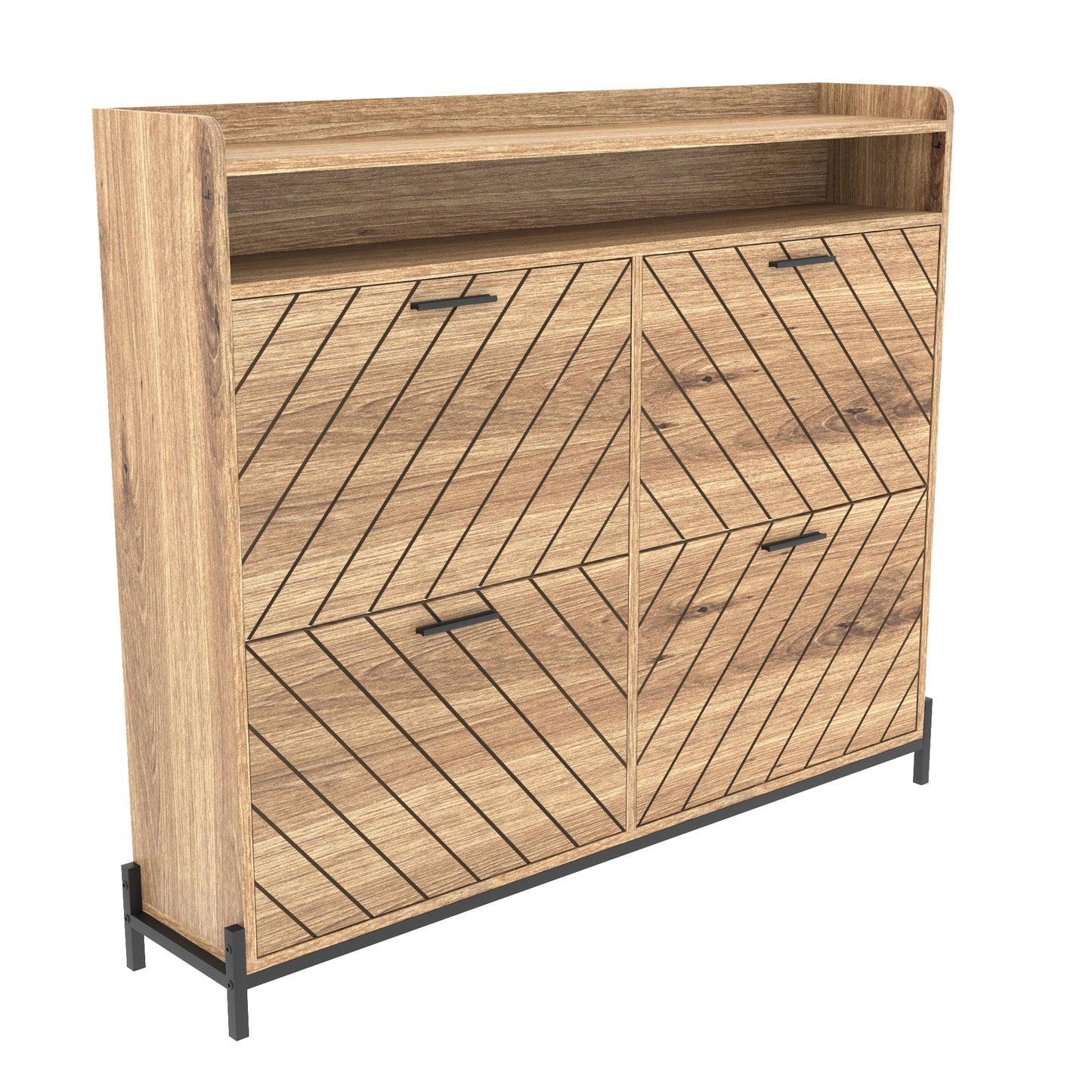 Modern wood shoe cabinet with diagonal groove pattern and black handles