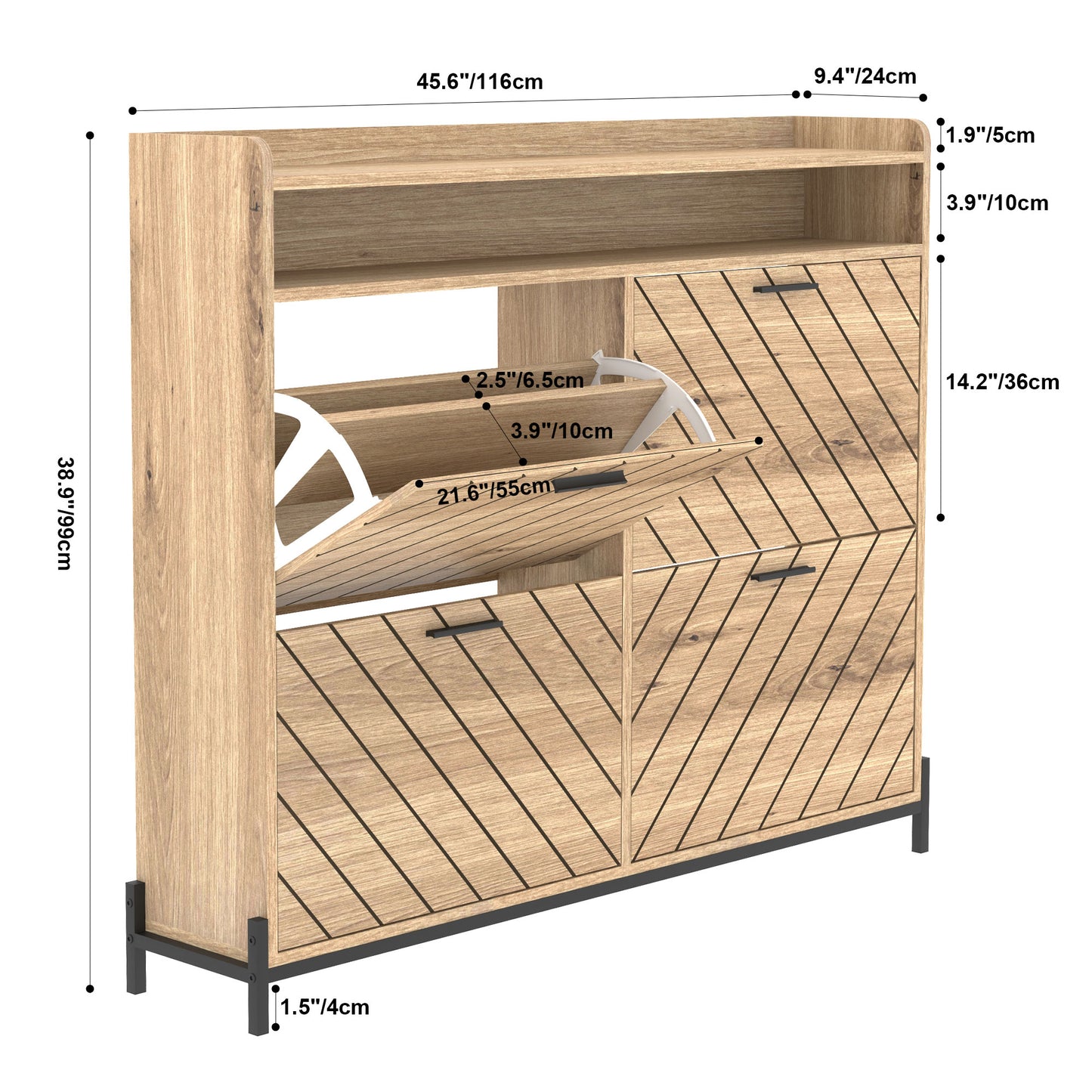 Modern oak veneer shoe cabinet with angled door fronts and metal legs