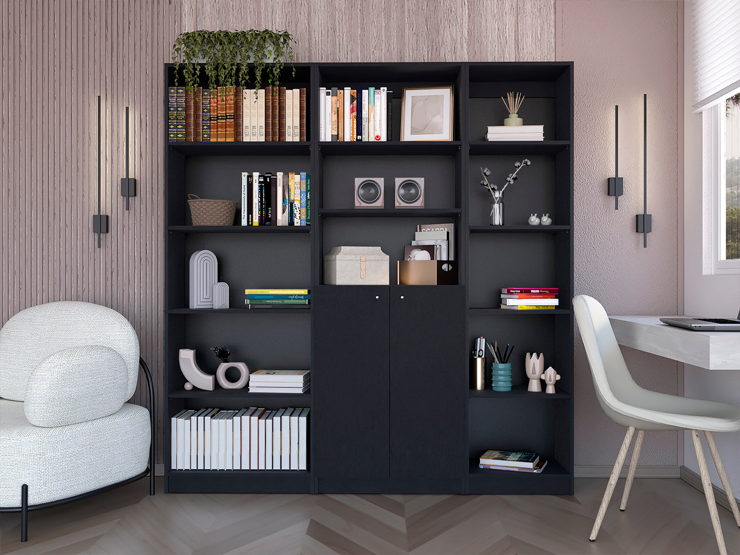 Dark gray modular bookshelf filled with books decor and a storage cabinet