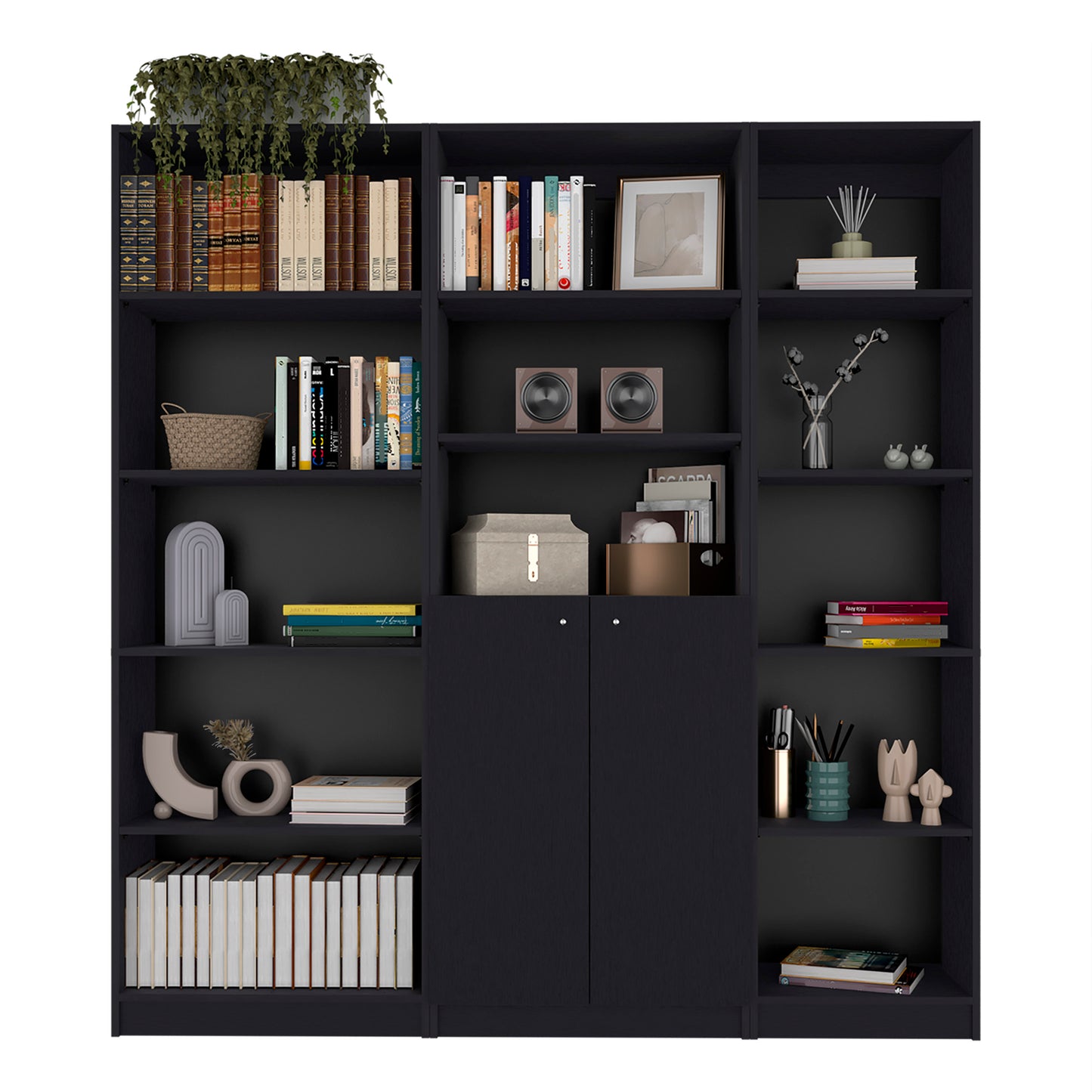 Dark wood bookshelf with vintage leatherbound books on top shelf