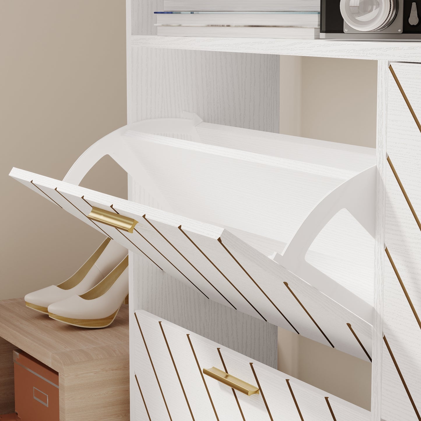 White slatted shoe cabinet with gold handles and beige heels