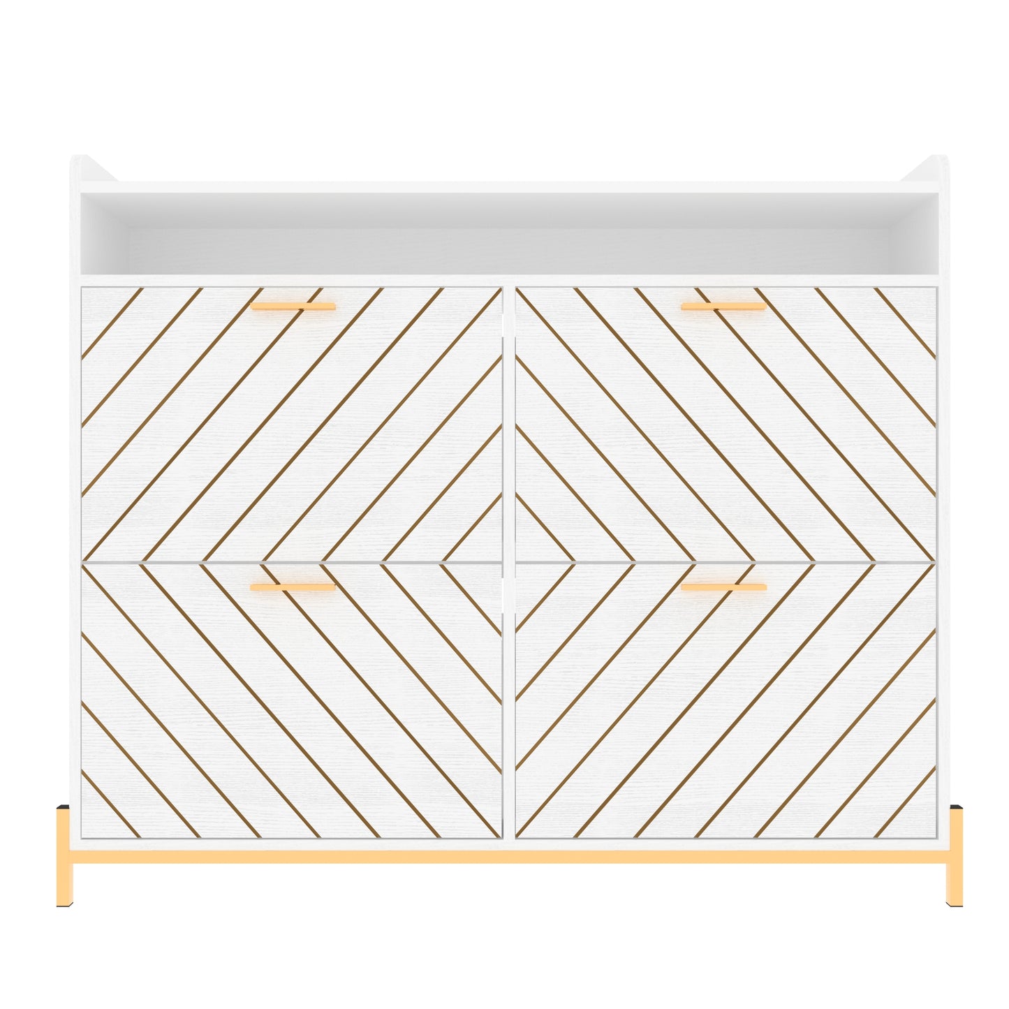 White cabinet with four drawers featuring gold handles and angled brown stripe pattern