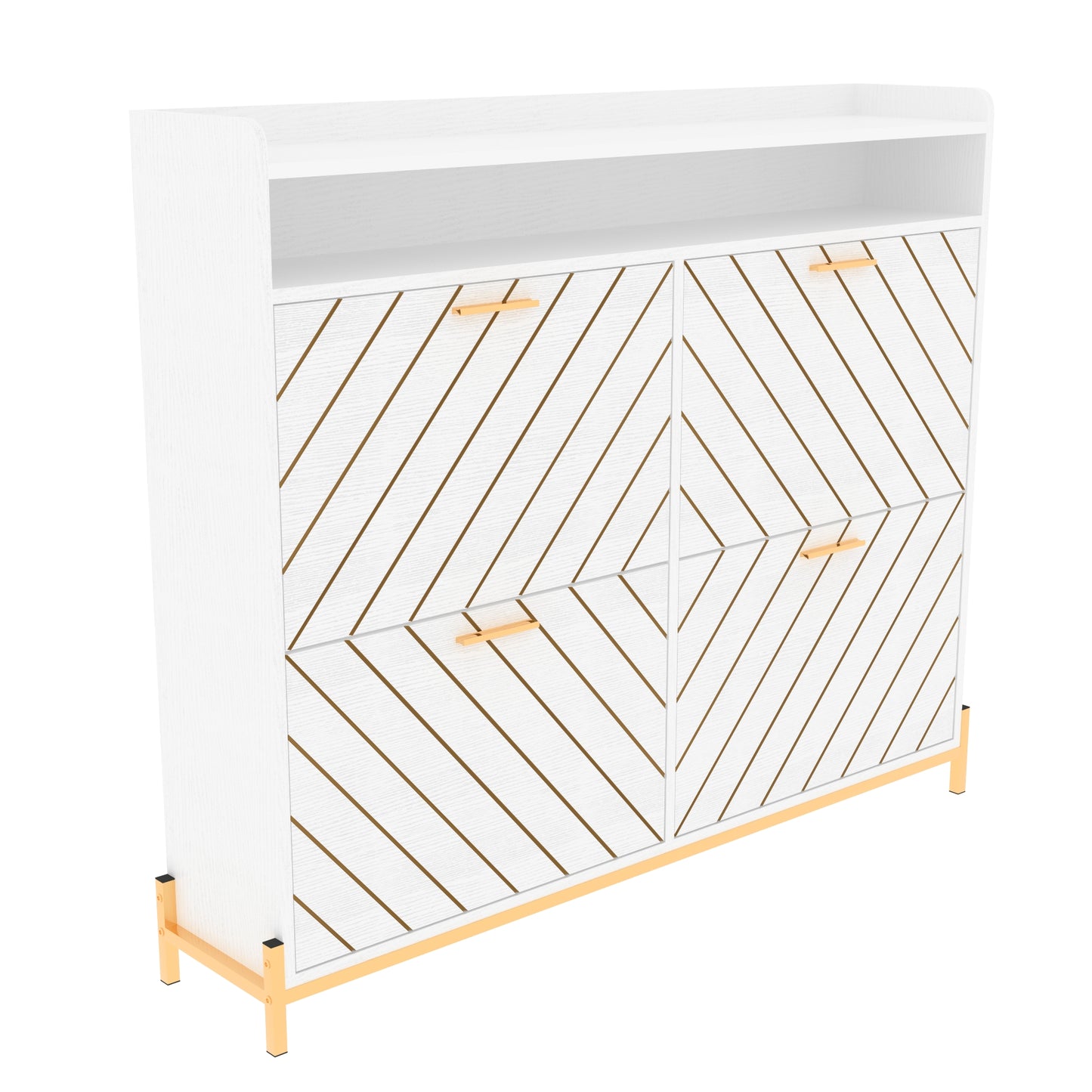 White midcentury modern shoe cabinet with gold accents and patterned doors