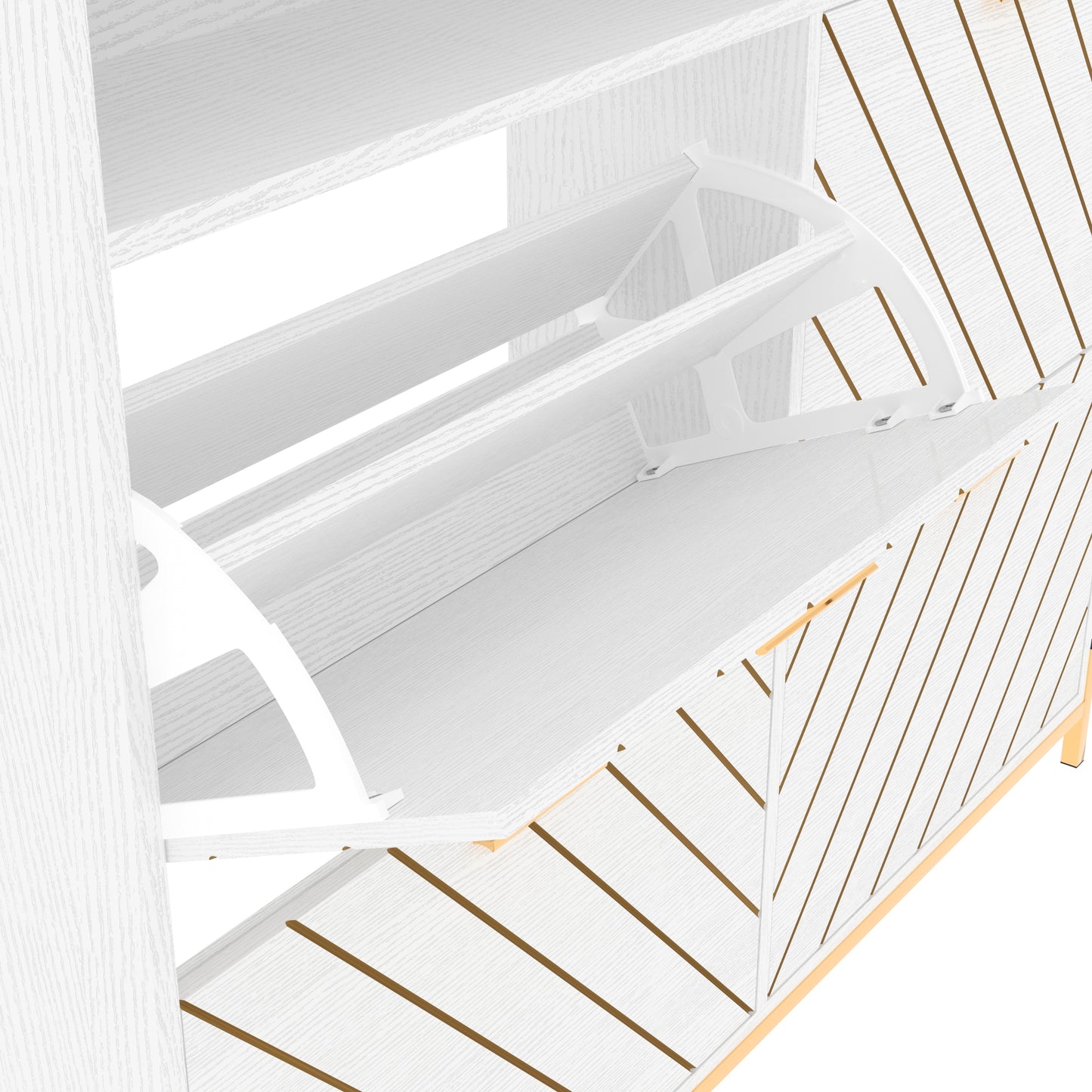 White wood shoe cabinet with slatted doors and flipout storage