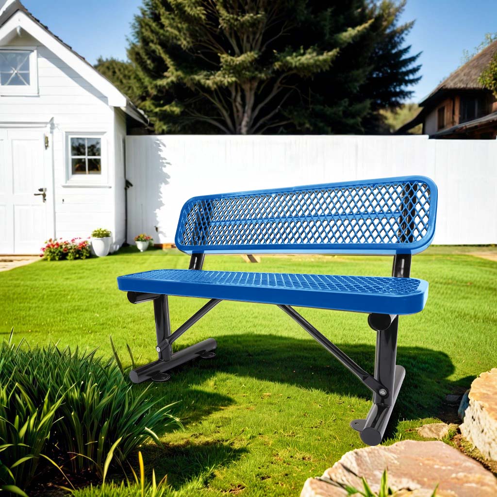 Blue perforated metal park bench with black legs on green grass