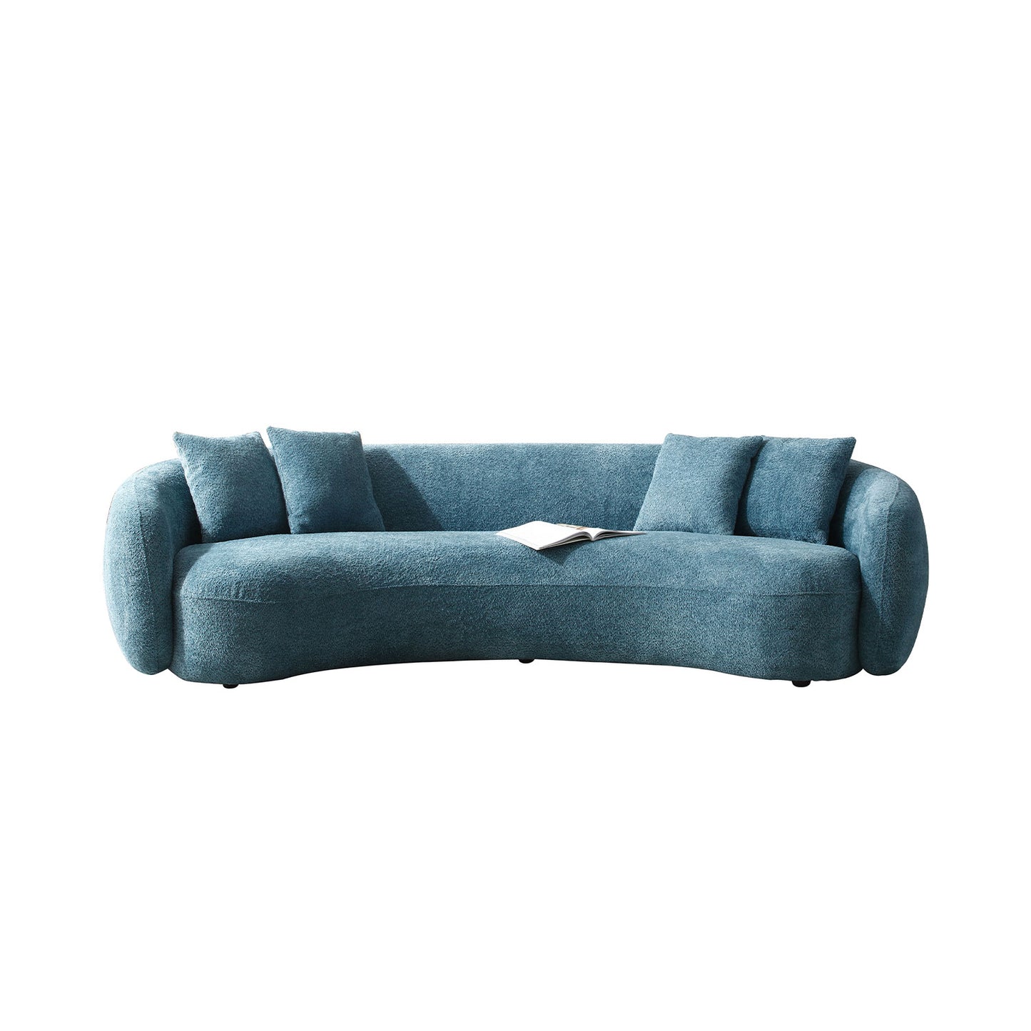 Plush blue boucle sofa with curved arms and matching throw pillows for modern living rooms