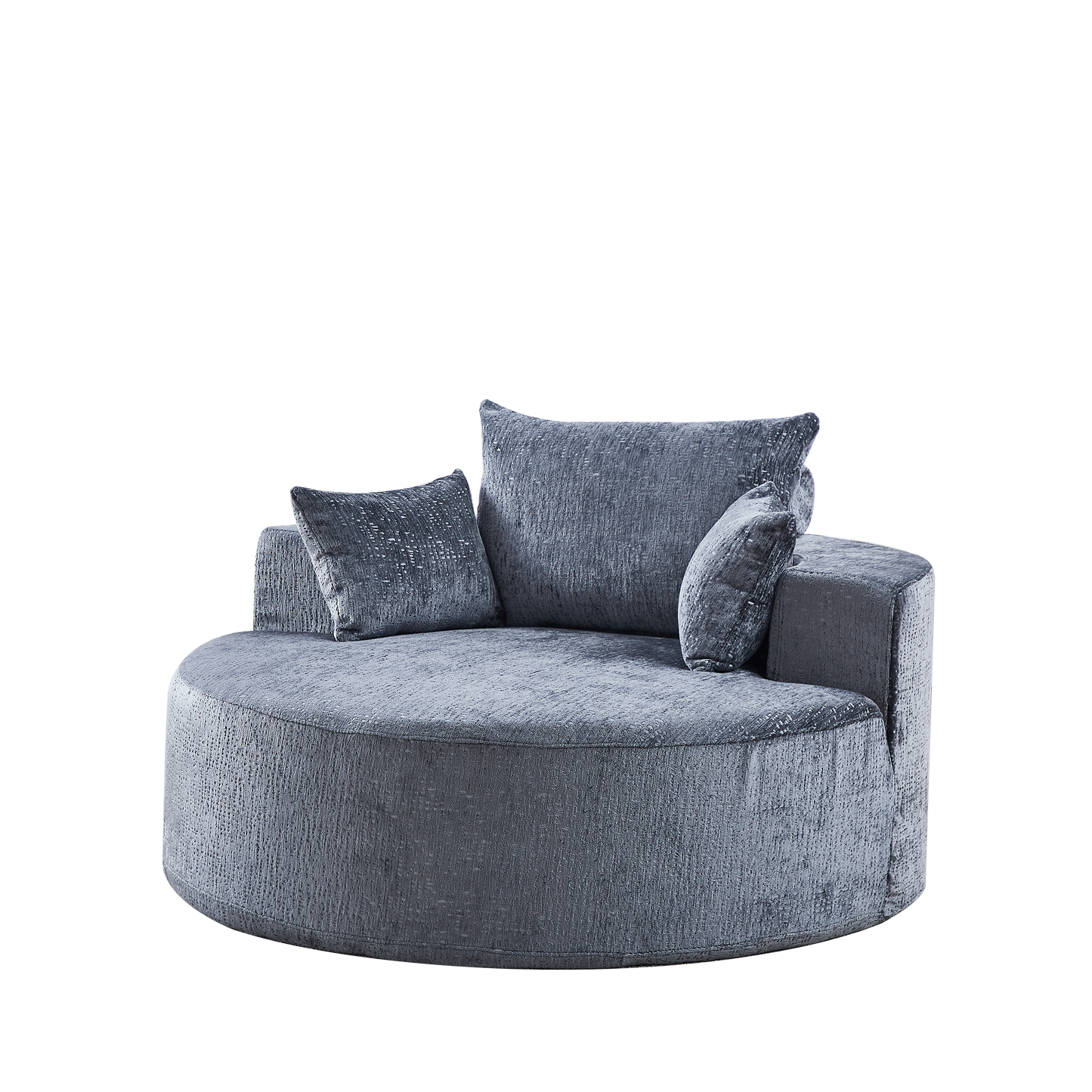 Plush grey circular swivel chair with textured upholstery and accent pillows