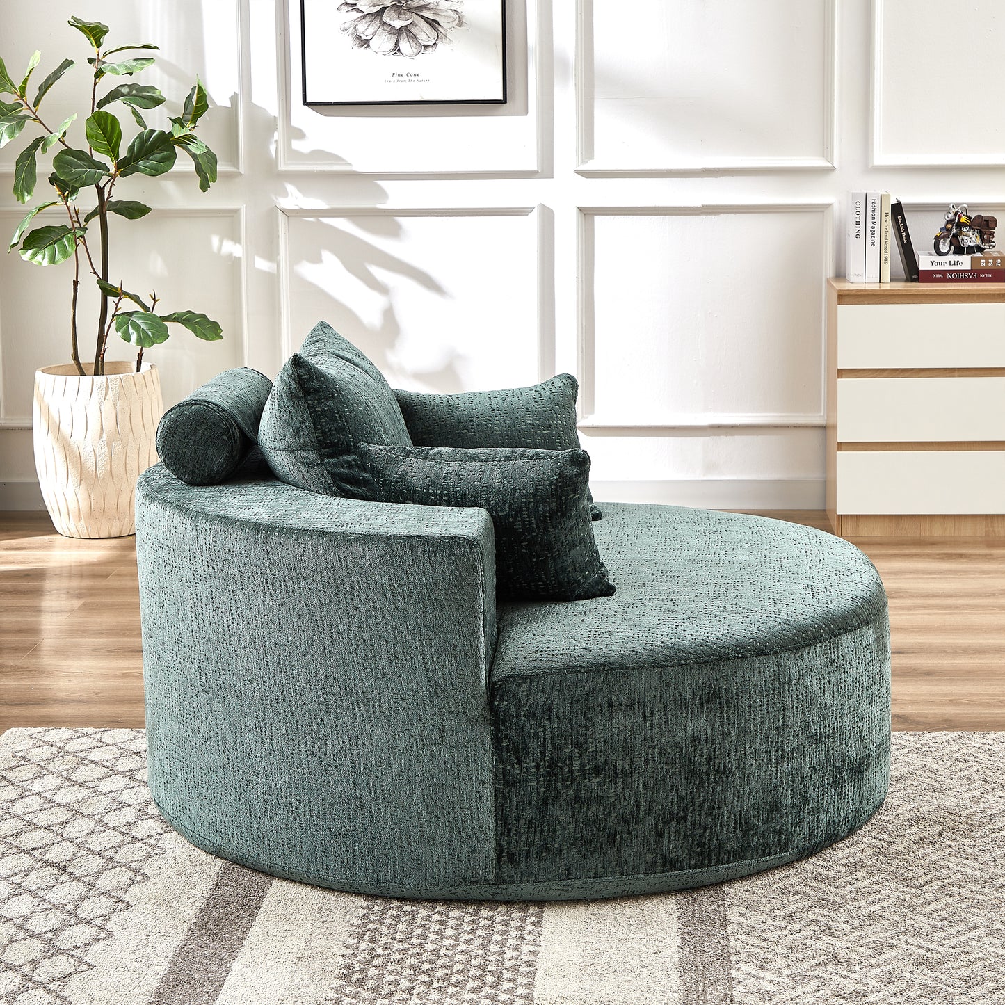Teal textured round sectional sofa with lumbar and bolster pillows modern living room accent furniture