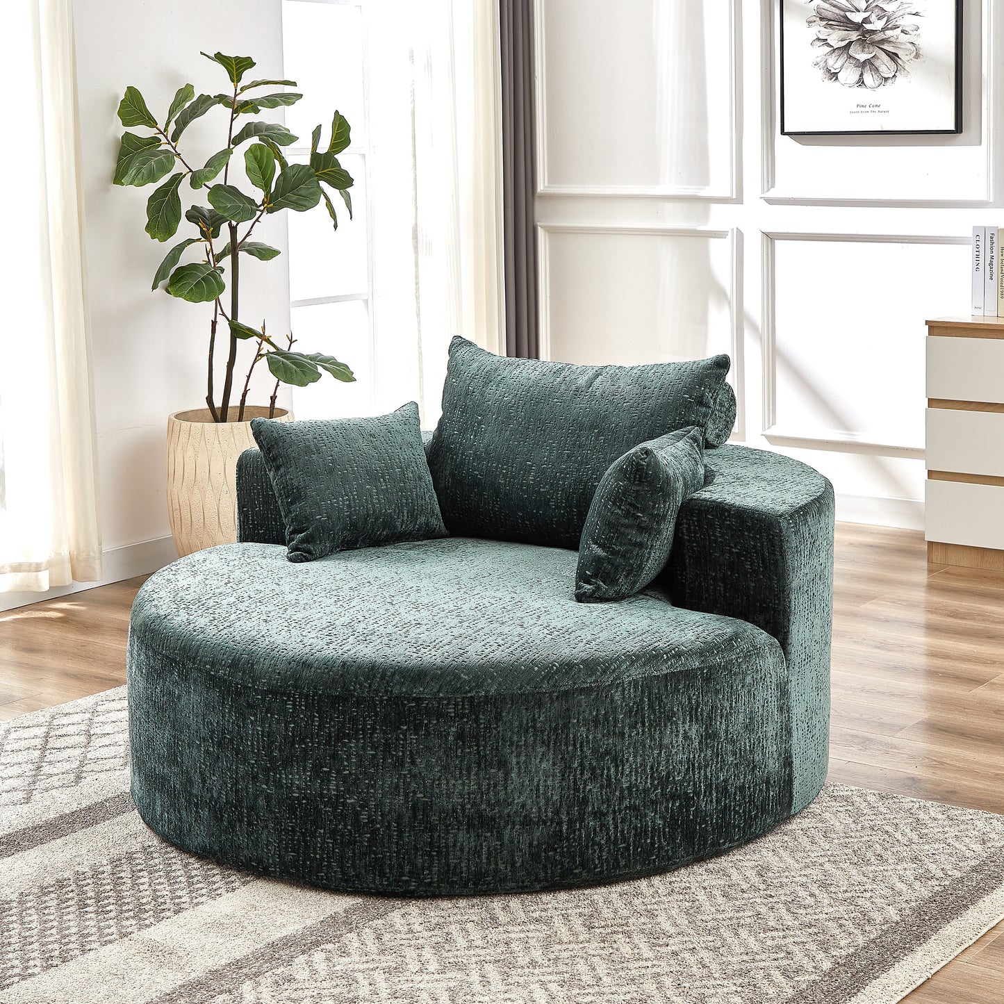 Round green velvet accent chair with plush cushions and textured upholstery
