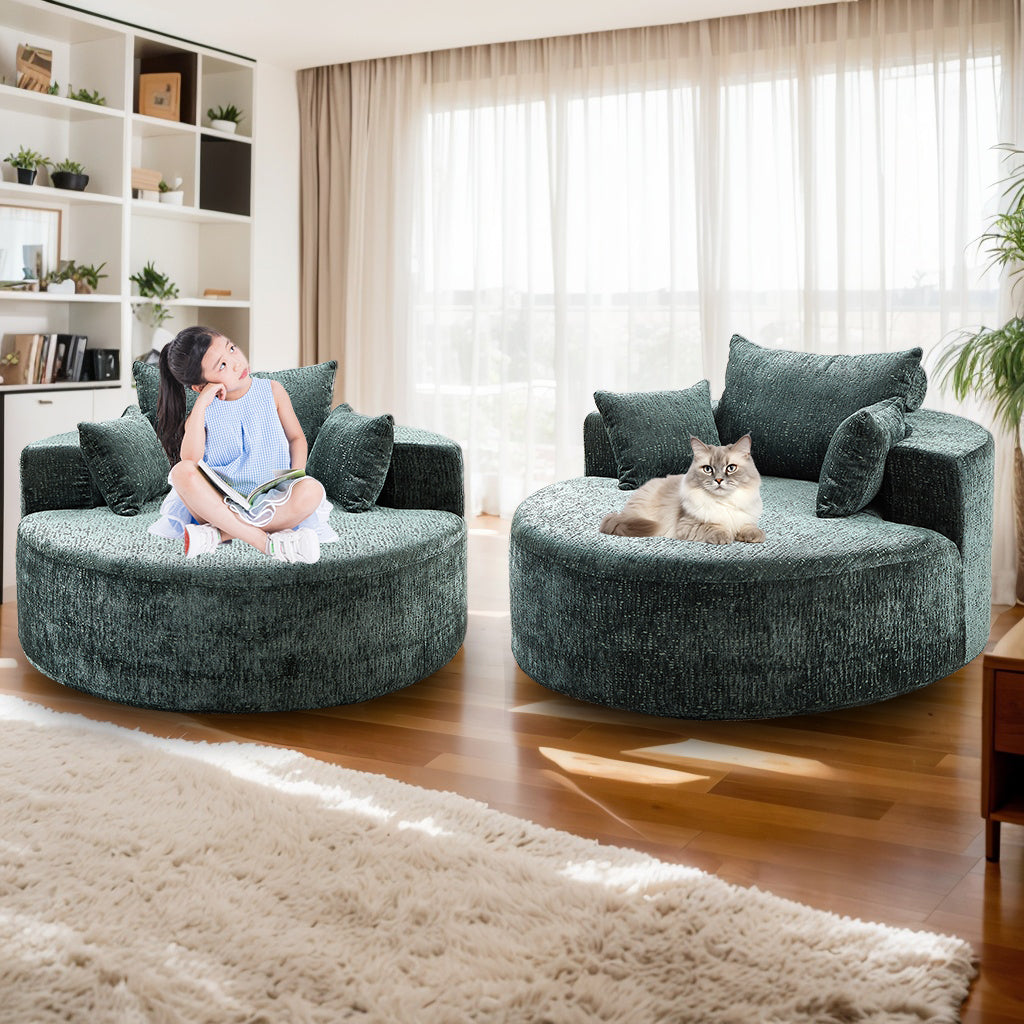 Teal velvet swivel chair with plush cushions ideal for modern living rooms