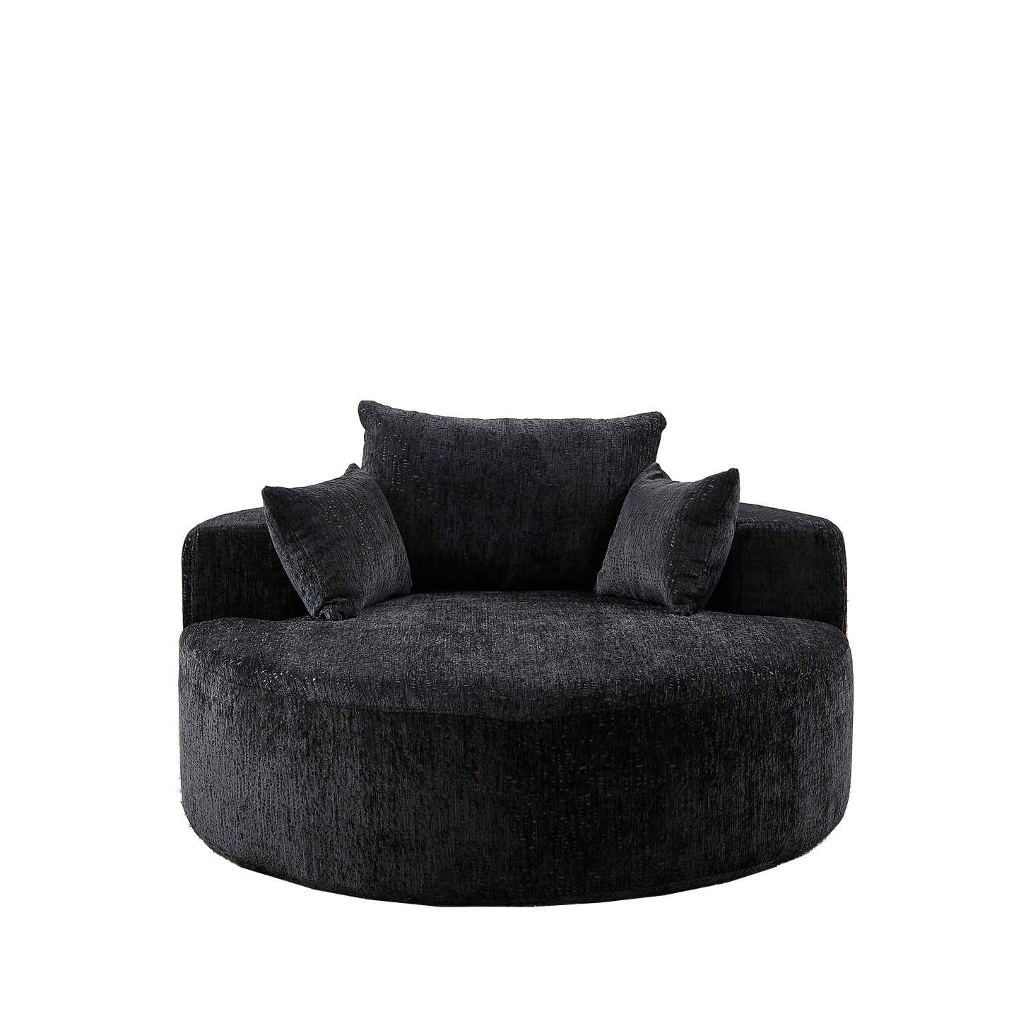 Plush black swivel chair with textured fabric and matching cushions perfect for small living spaces
