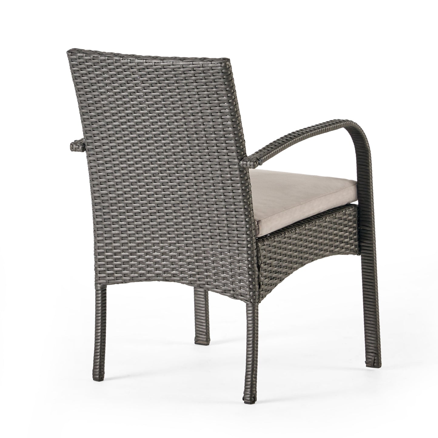 Dark gray wicker outdoor chair with plush beige cushion side view