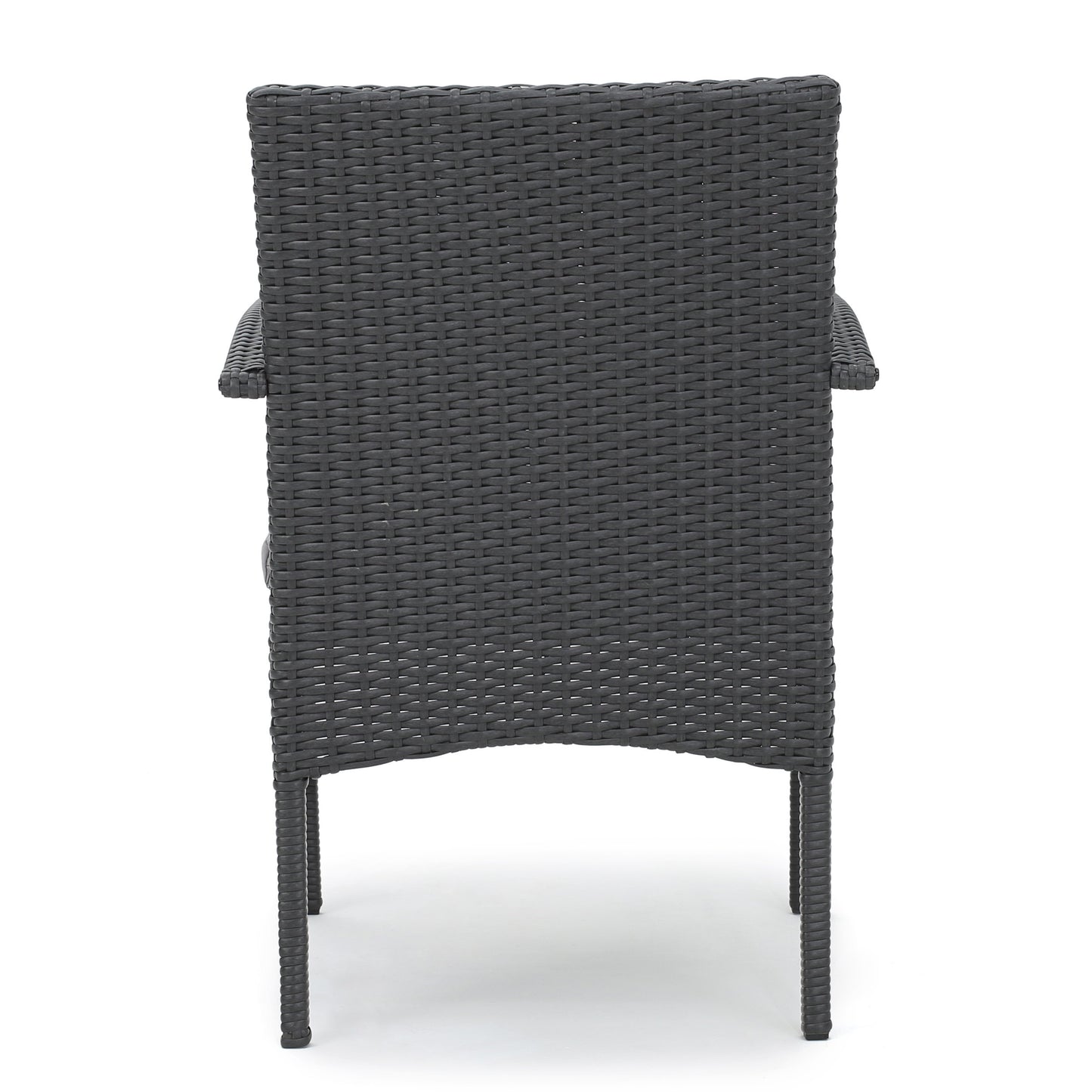 Dark gray wicker patio chair back view with sturdy armrests and legs