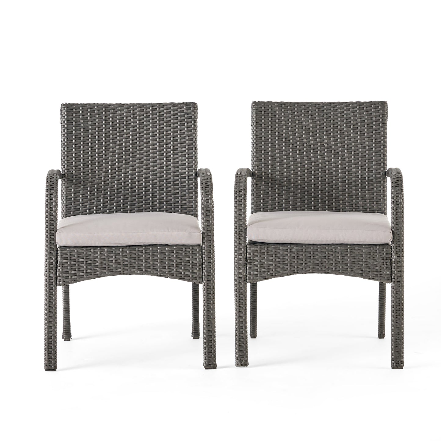 Pair of grey woven resin outdoor chairs with light grey cushions
