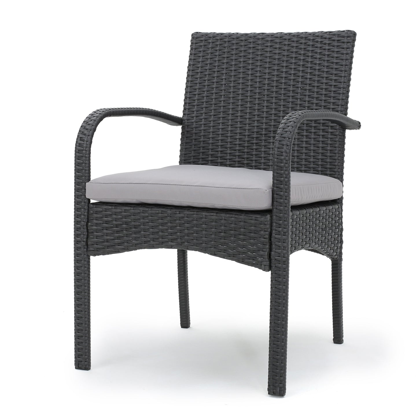 Dark gray wicker patio chair with a plush gray cushion and armrests for outdoor seating