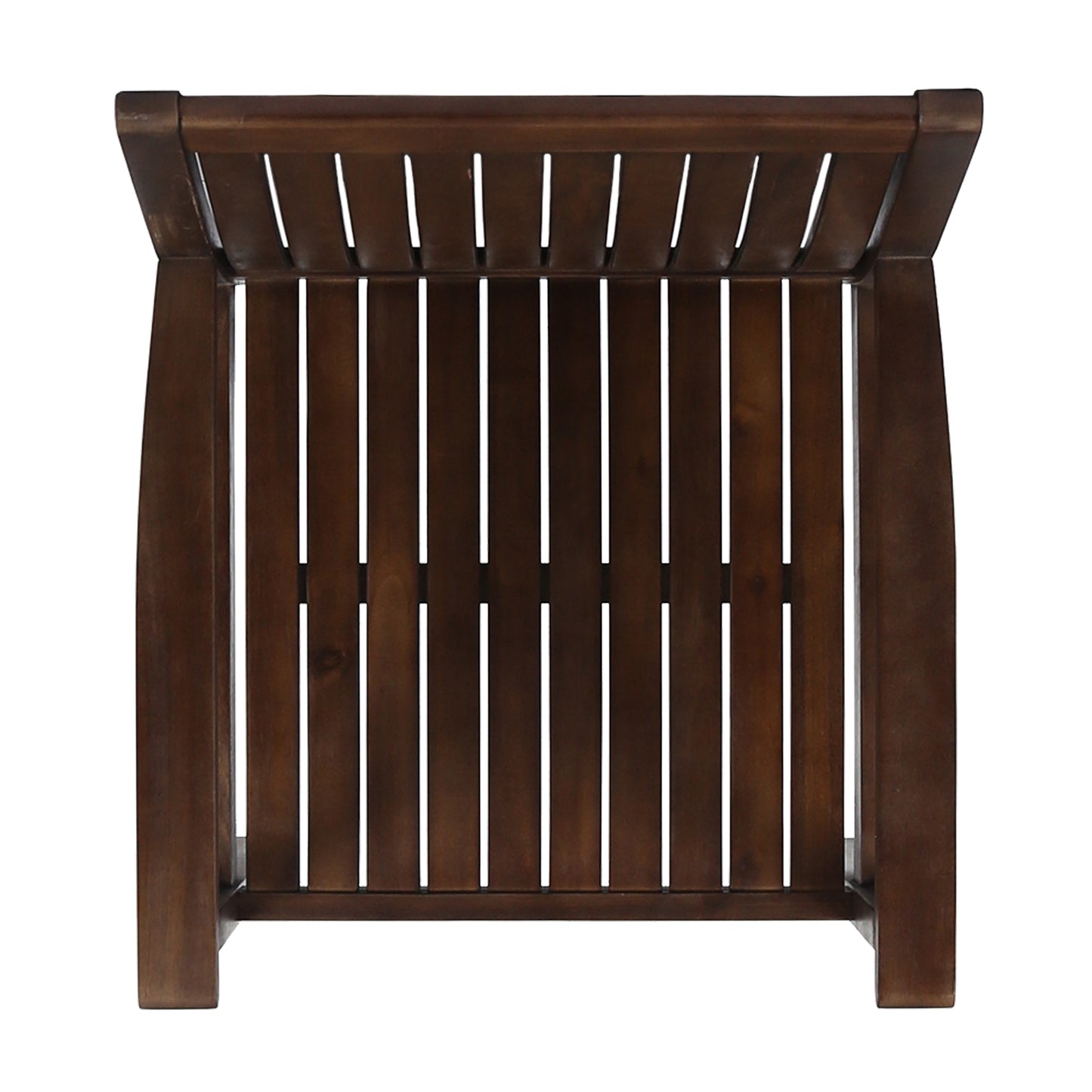 Dark brown wooden slatted side table perfect for outdoor patio use