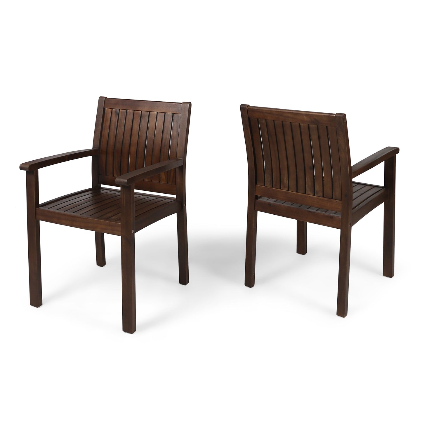 Dark brown slatted wood armchair with armrests for outdoor relaxation