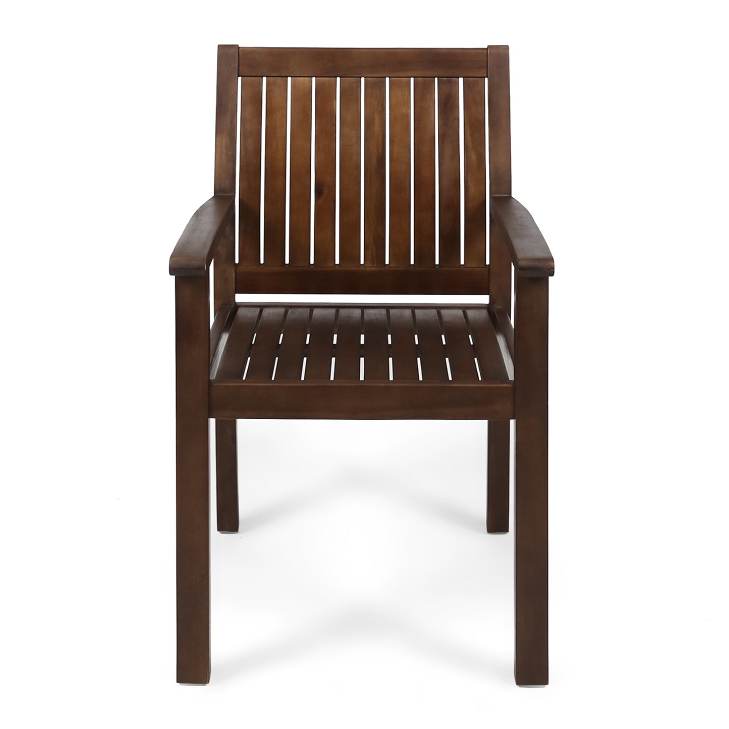Dark wood patio chair with slatted seat and back outdoor seating solution