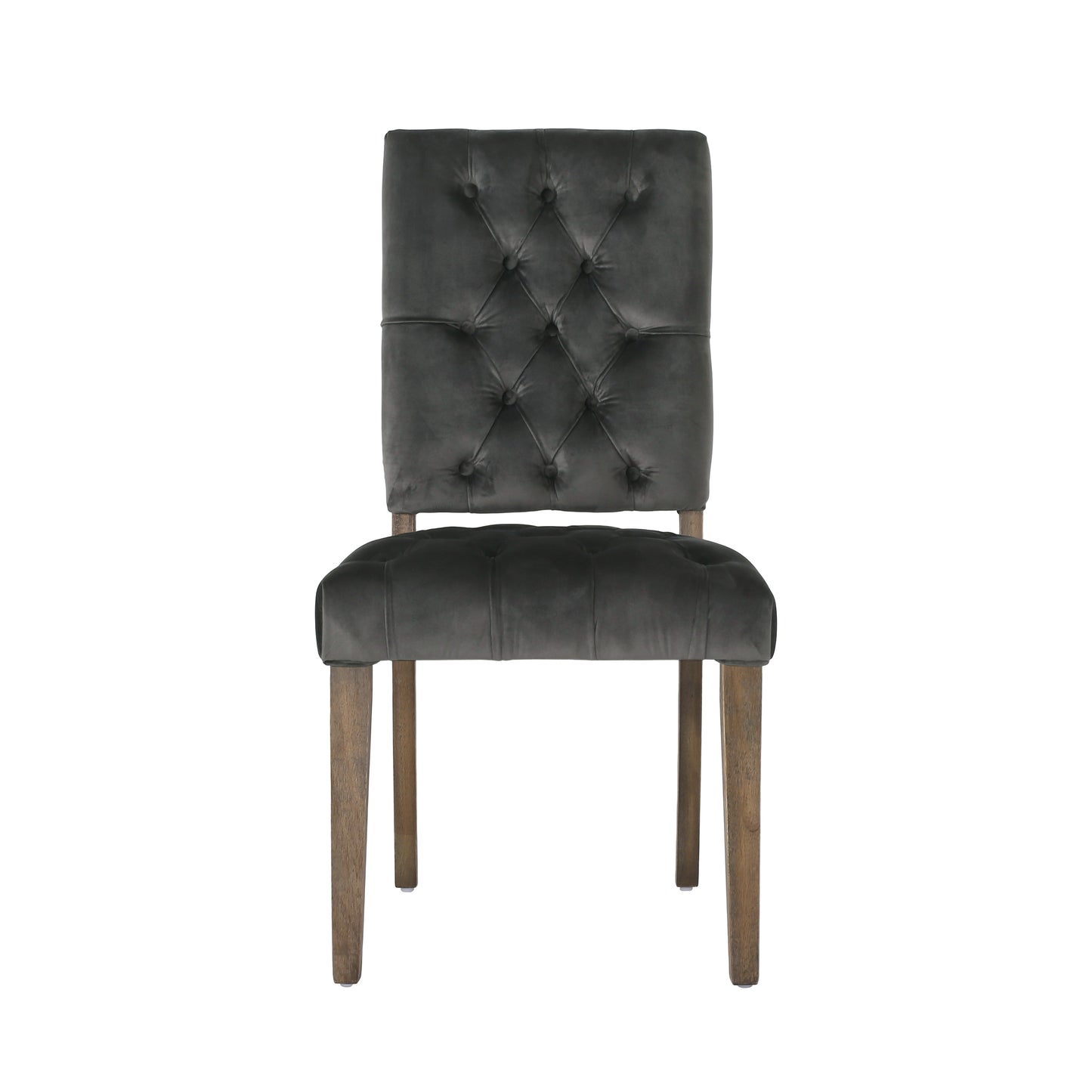 Charcoal grey velvet dining chair with tufted back and dark wood legs
