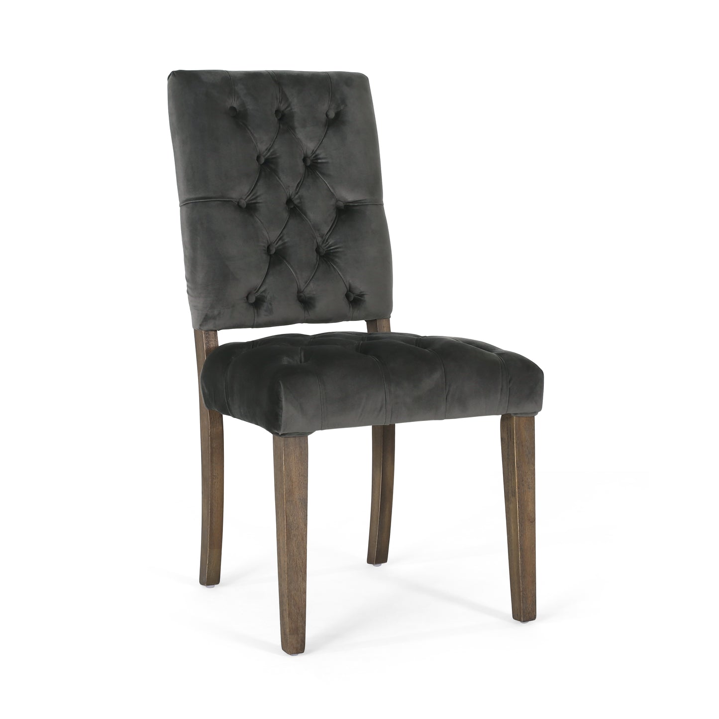 Dark grey velvet dining chair with tufted back and wooden legs