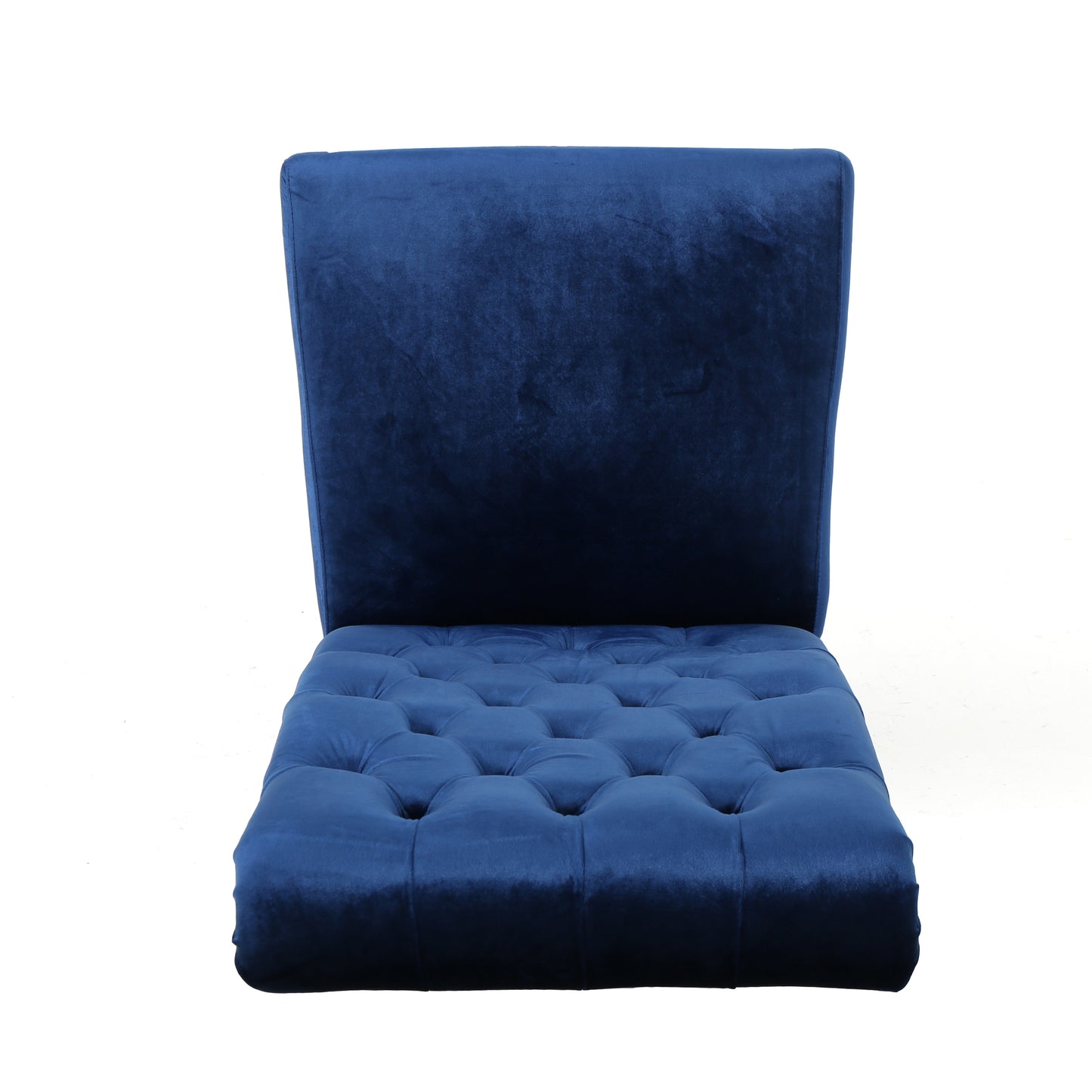 Deep blue velvet dining chair with diamond tufting on the seat and backrest characters