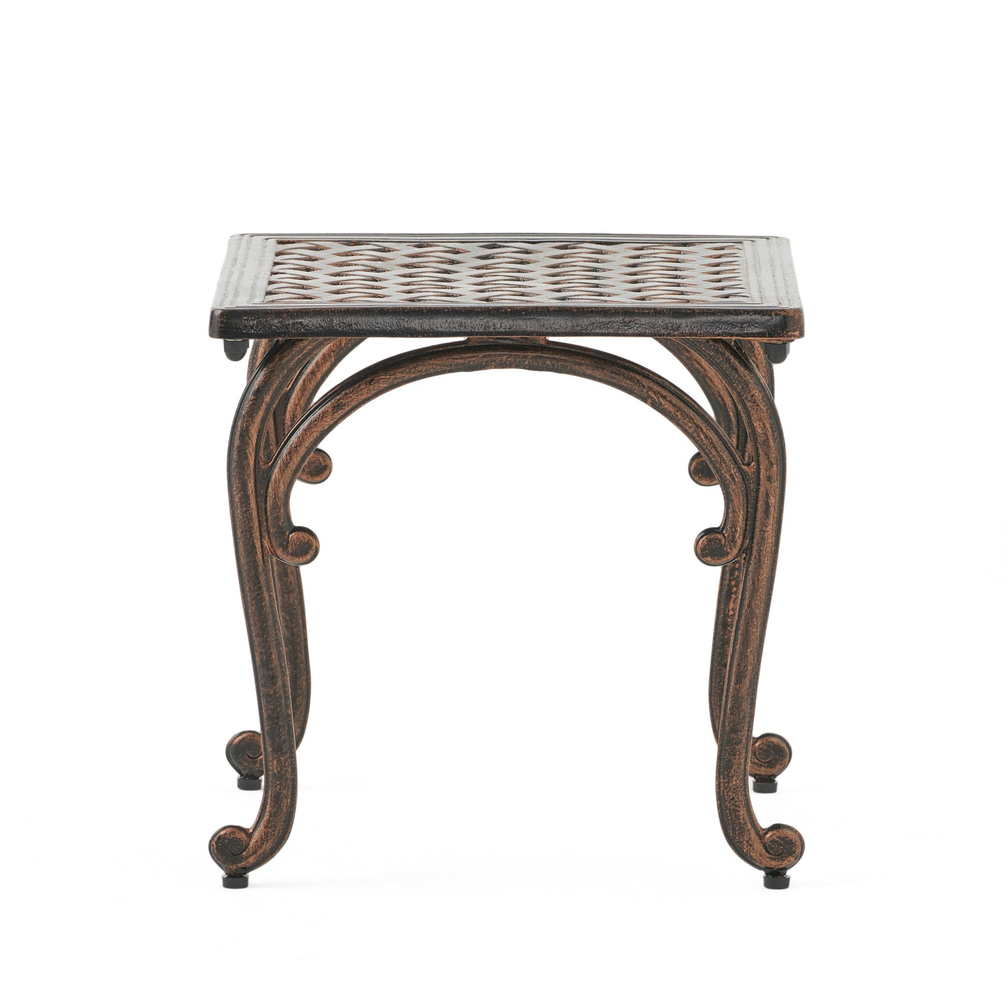 Ornate bronze metal side table with patterned top and scroll legs for patio decor