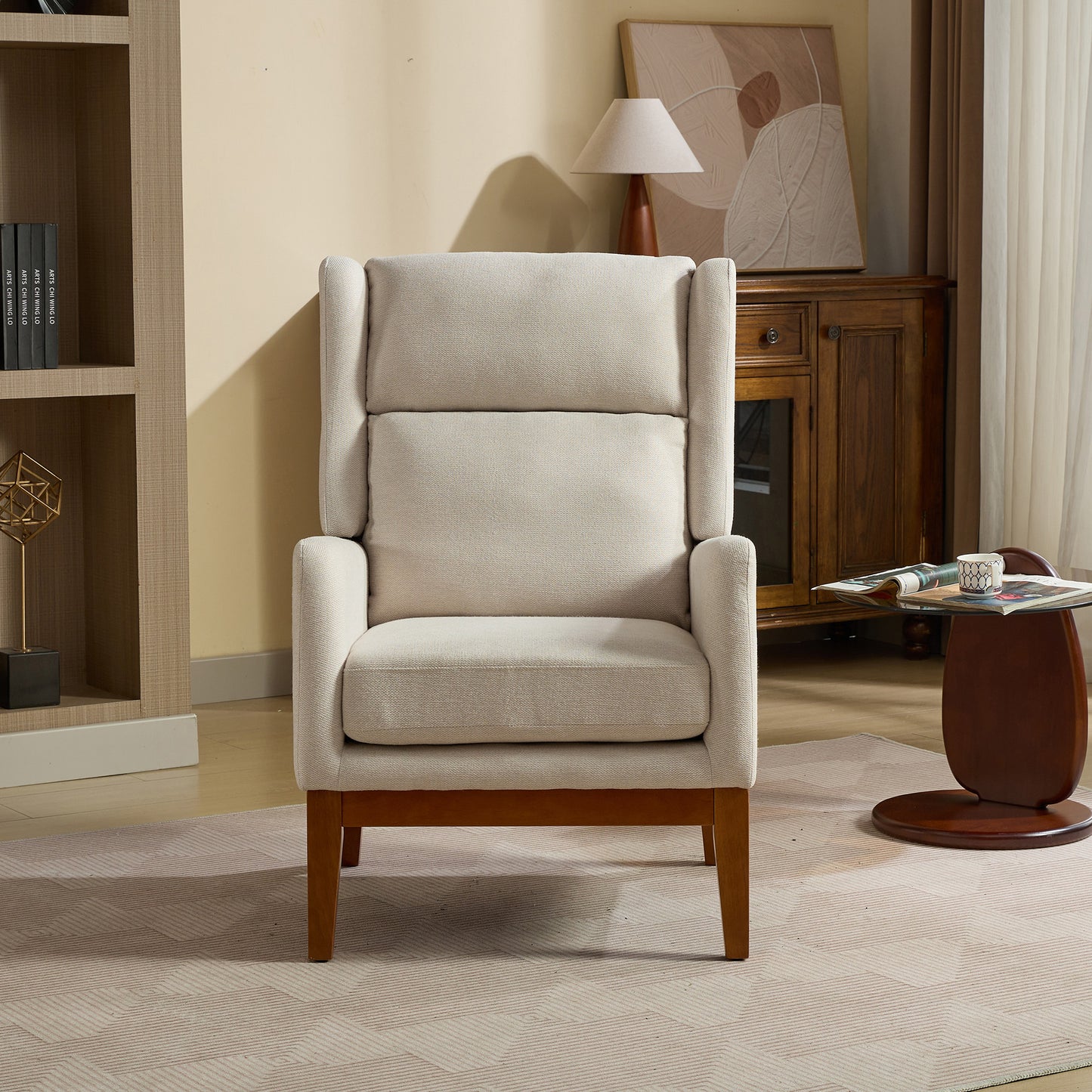 Tall wingback accent chair in neutral beige linen fabric with wooden legs