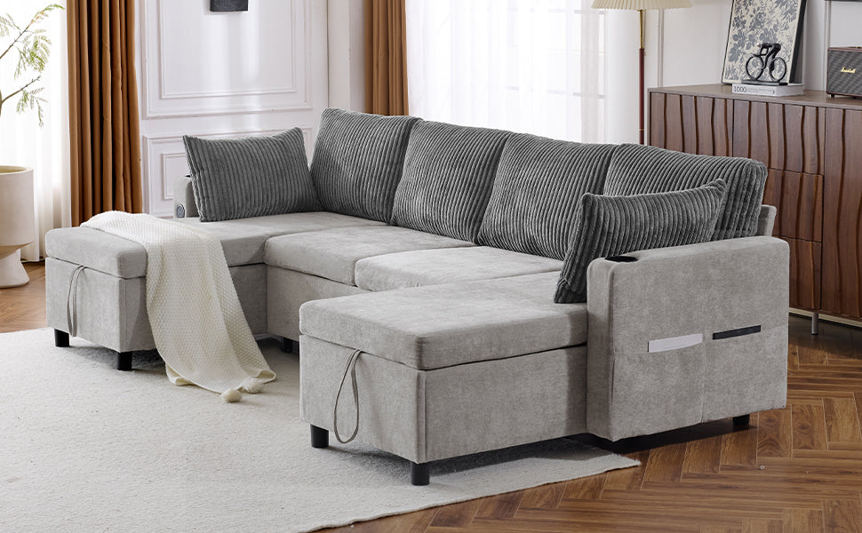 Grey sectional sofa with storage ottomans and corduroy pillows