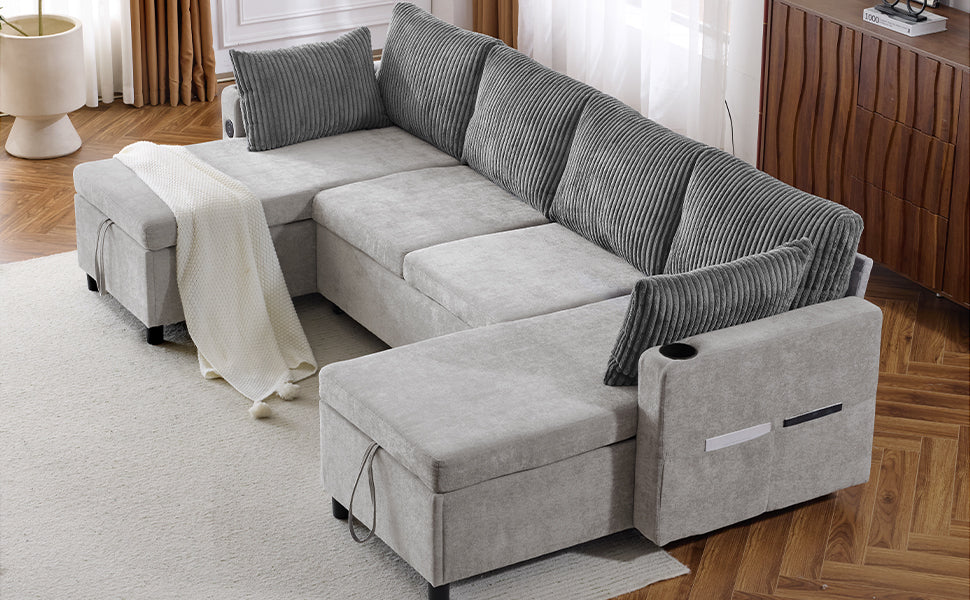 Light grey sectional sofa with corduroy accent pillows and hidden storage compartments