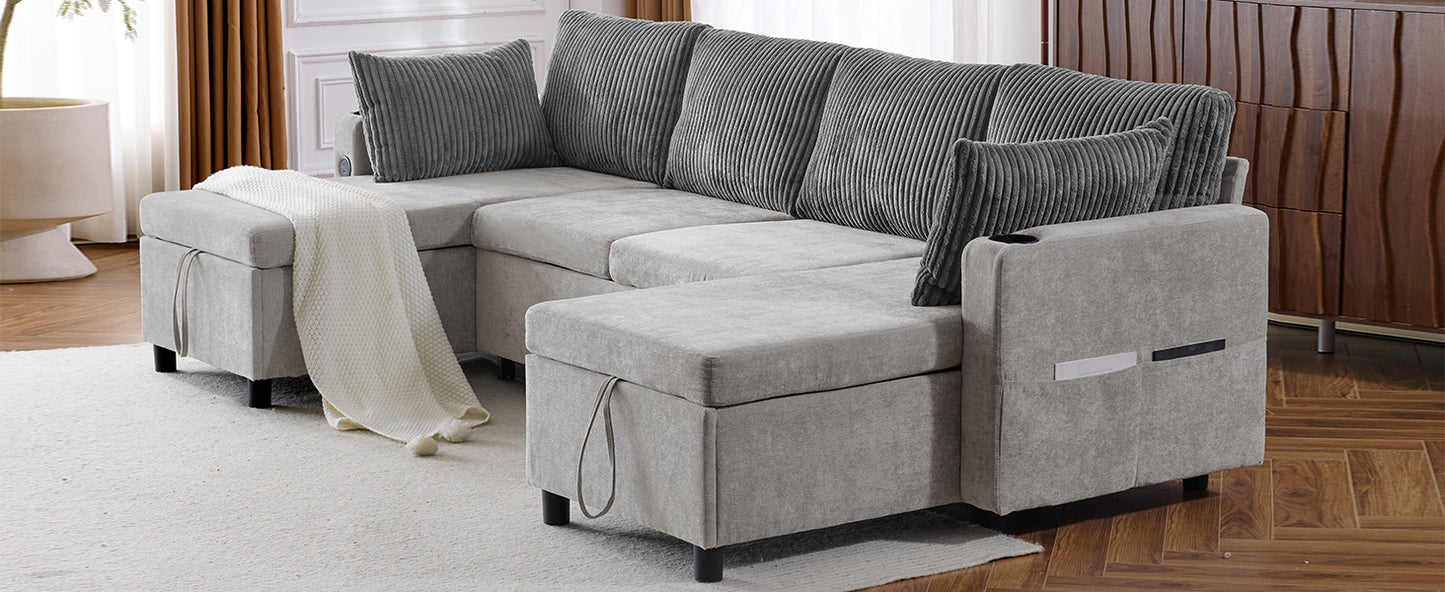 Grey corduroy sectional sofa with storage ottomans and builtin cup holder