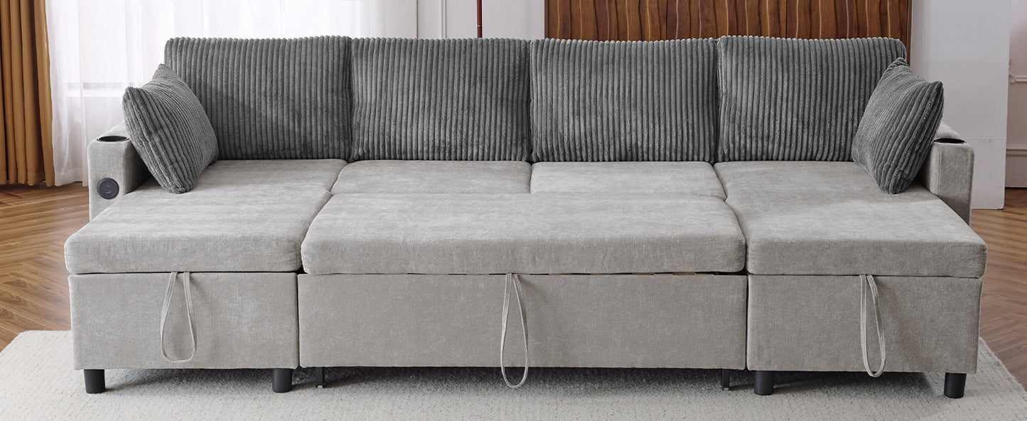Light grey modular sectional sofa with storage chaise and ribbed corduroy back cushions