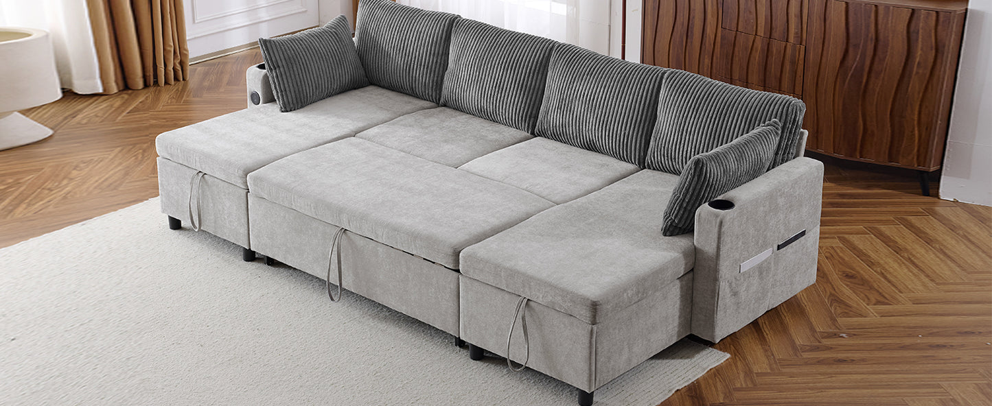 Light grey sectional sofa with storage and cup holders modern design