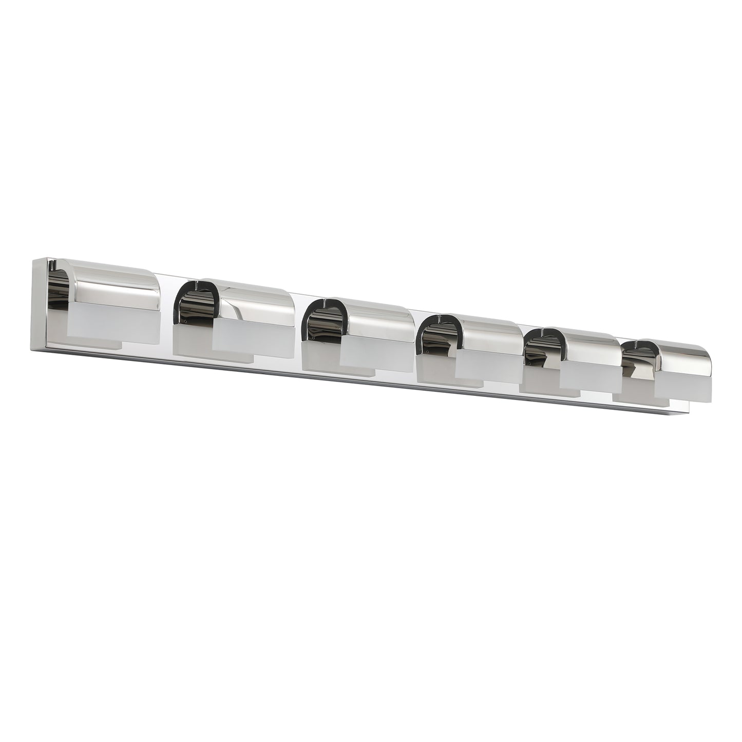 Modern chrome bath vanity light with eight frosted glass shades for even illumination