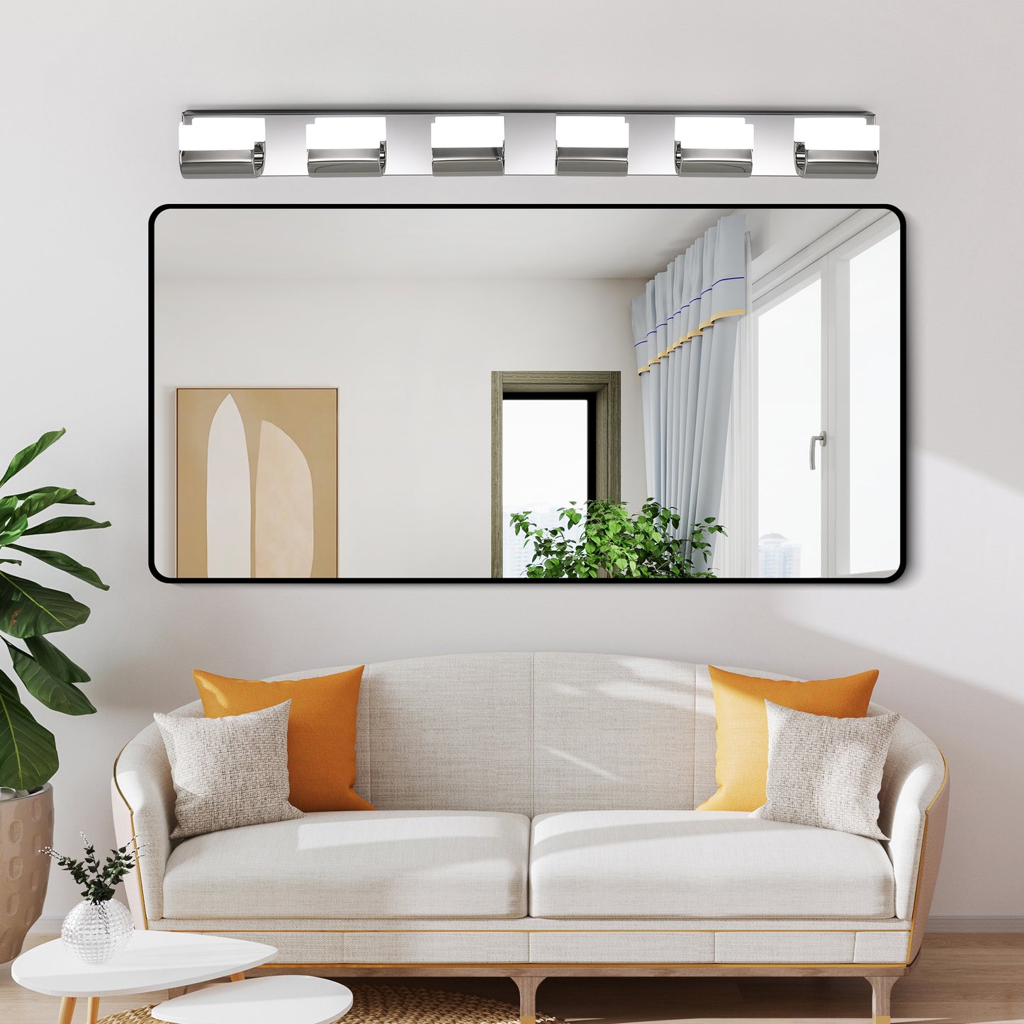 Modern vanity light bar with five chromefinished fixtures and frosted glass shades for bathroom lighting