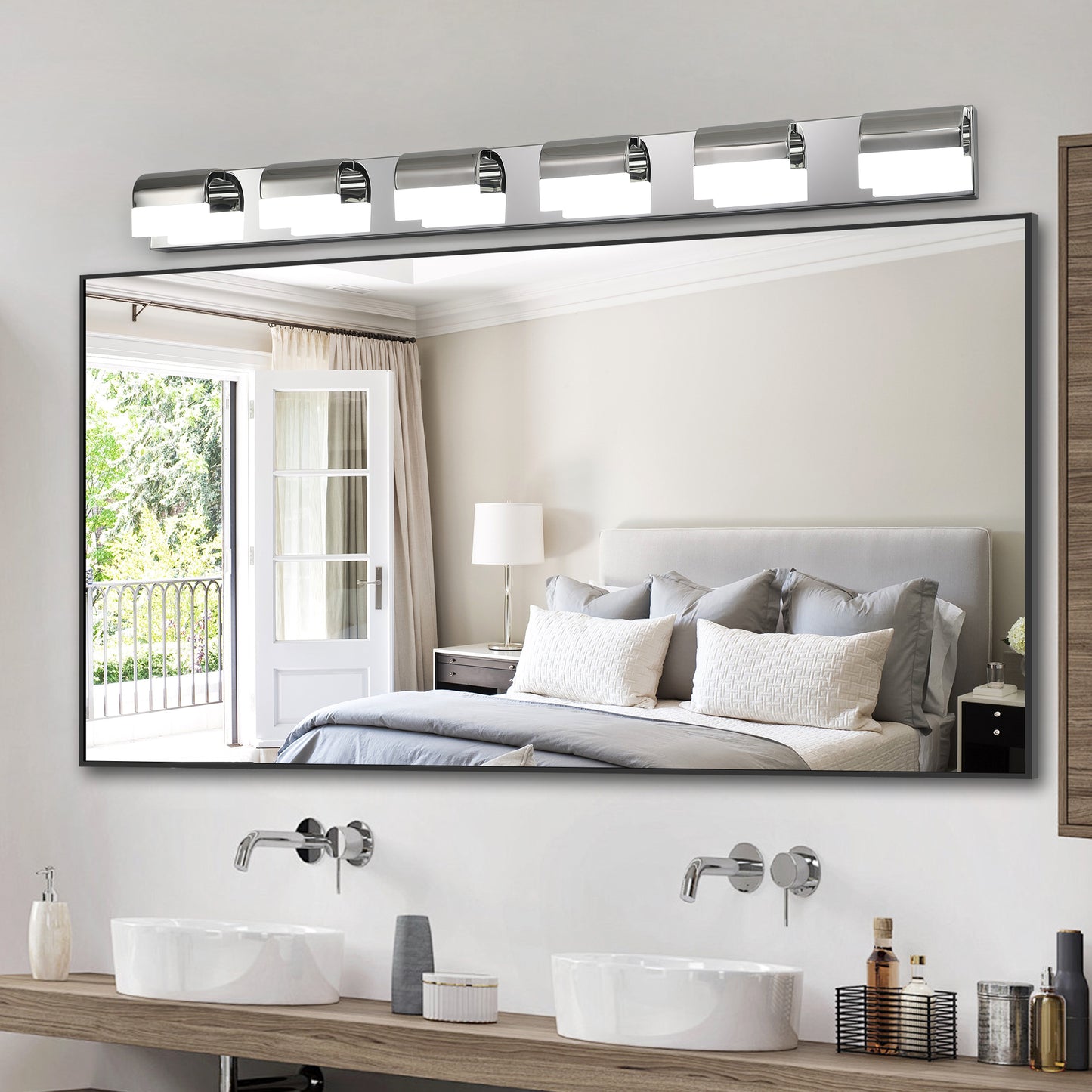 Modern fivelight vanity fixture with polished chrome finish and frosted glass shades