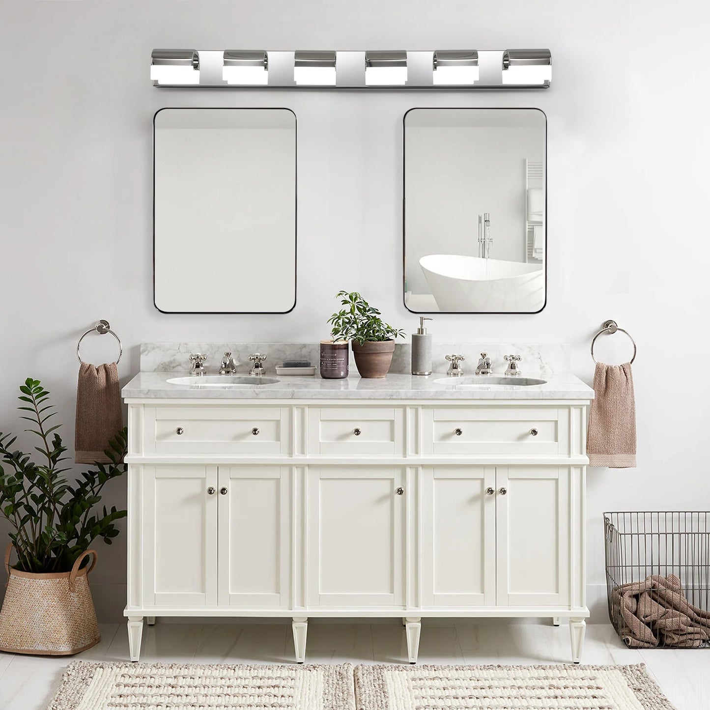 Modern chrome fourlight vanity bar light with frosted glass shades for bathroom lighting