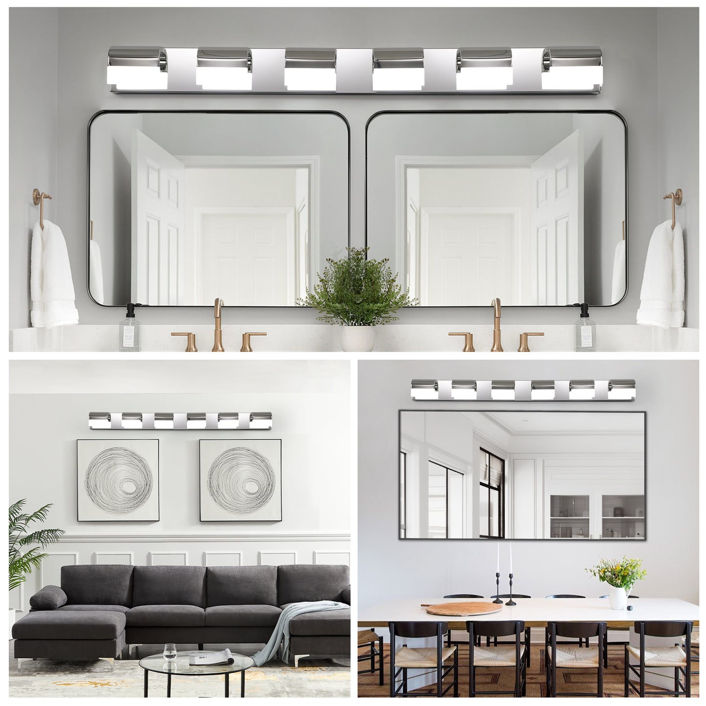 Modern light chrome vanity light fixture with frosted glass shades above a large vanity mirror