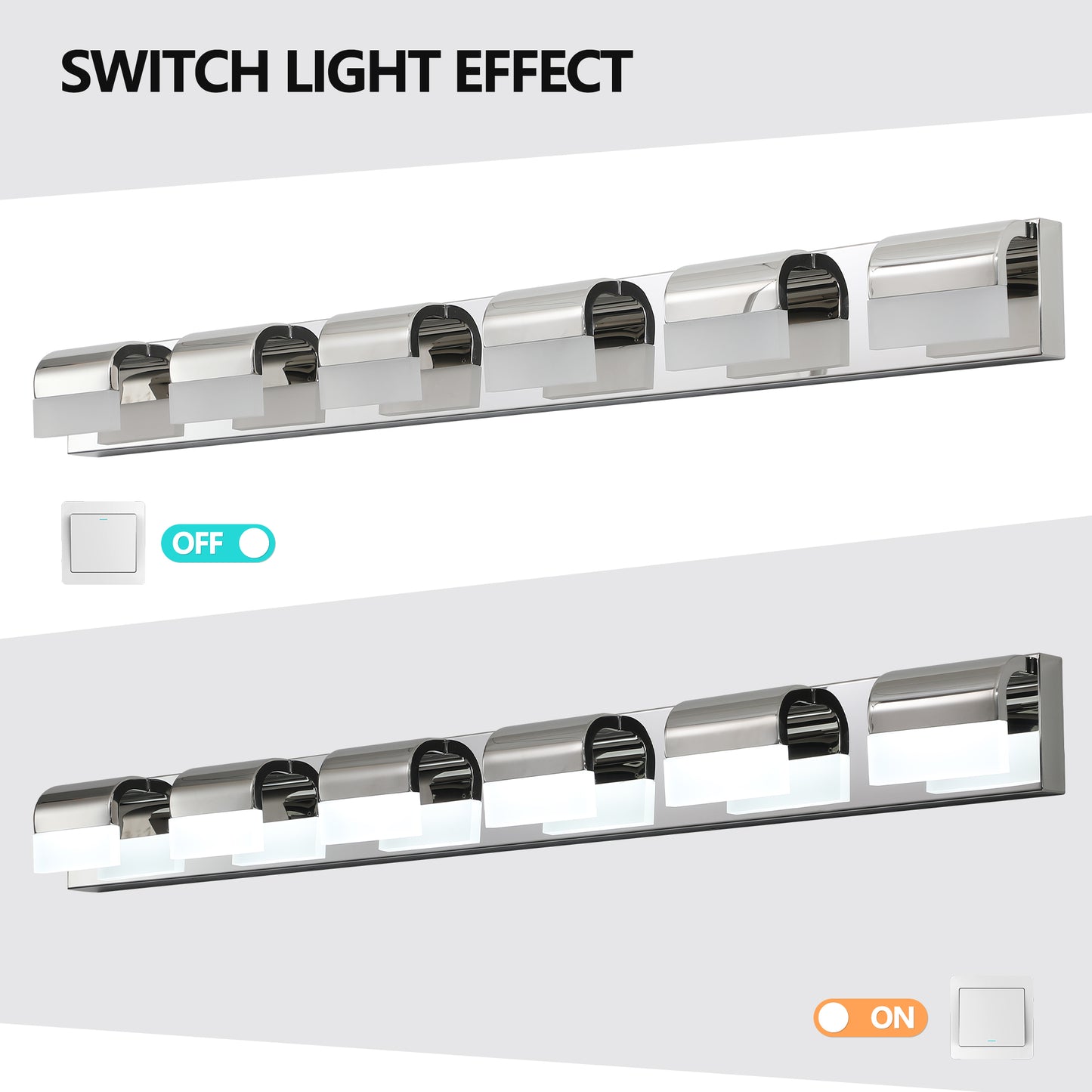 Chrome vanity light bar with frosted glass shades illuminated