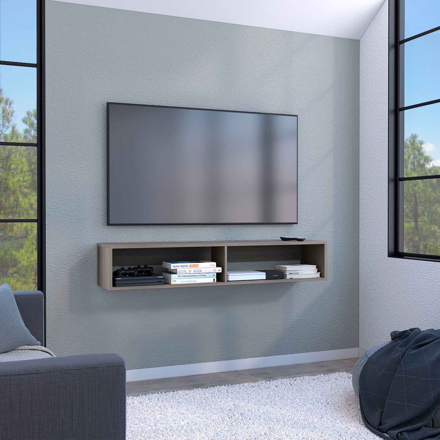 Floating TV shelf in oak finish with media console and books ideal for modern living rooms