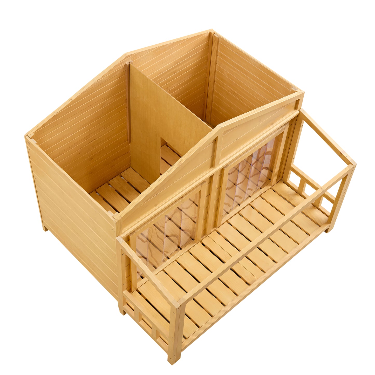 Natural wood multilevel cat condo with clear window panels and outdoor balcony