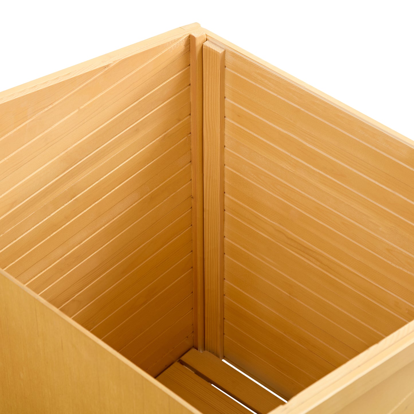 Natural pine wood planter box interior with grooved sides
