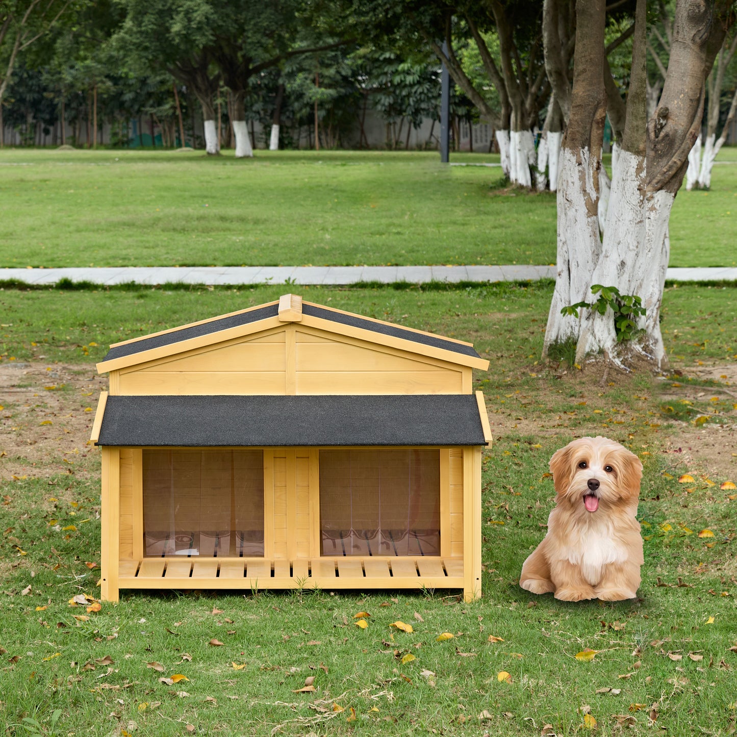 Natural wood dog house with raised floor ideal for outdoor use