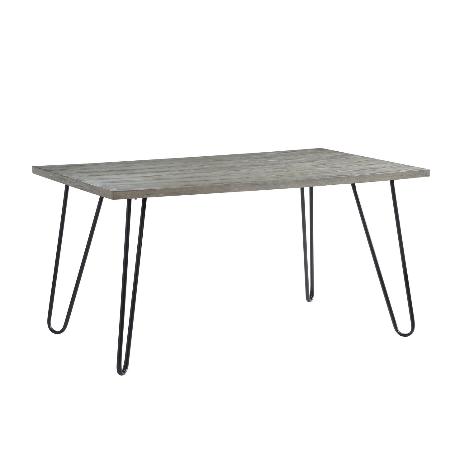 Rectangular grey wood grain dining table with black hairpin legs