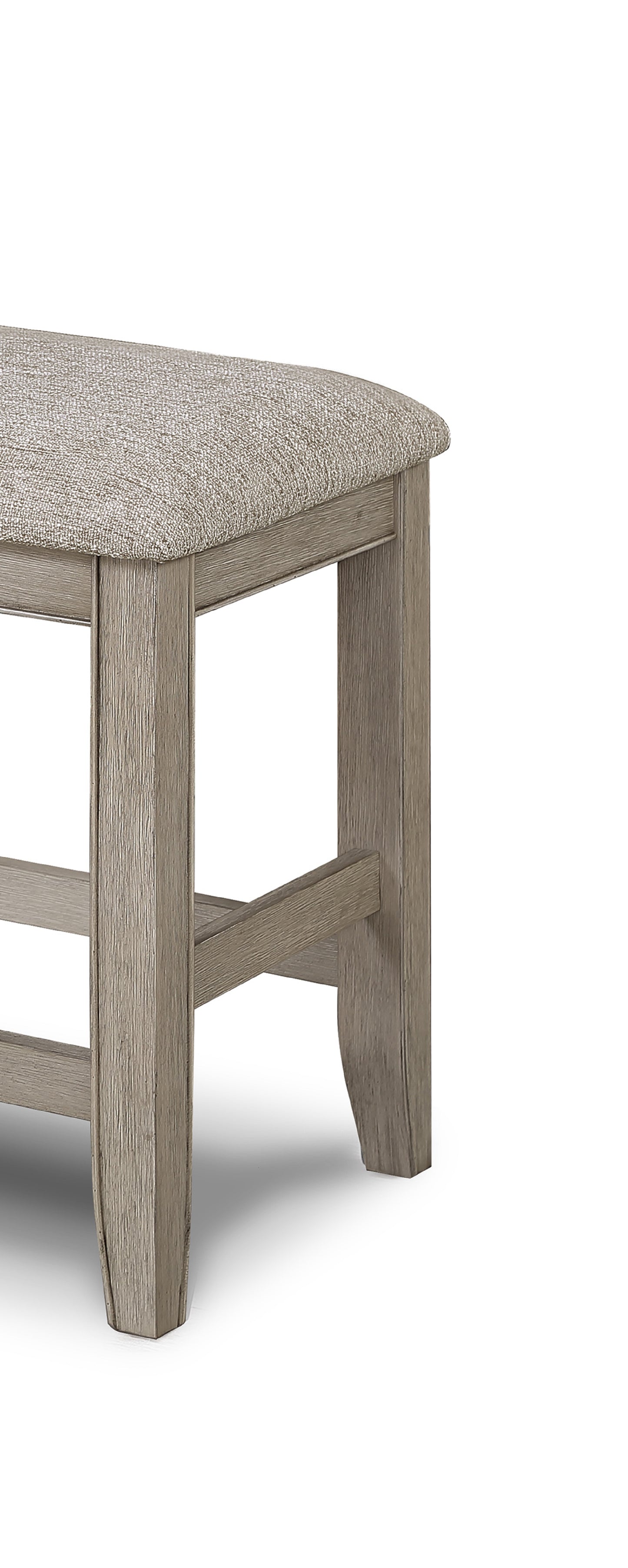 Textured grey upholstered bench with distressed wood legs for entryway seating