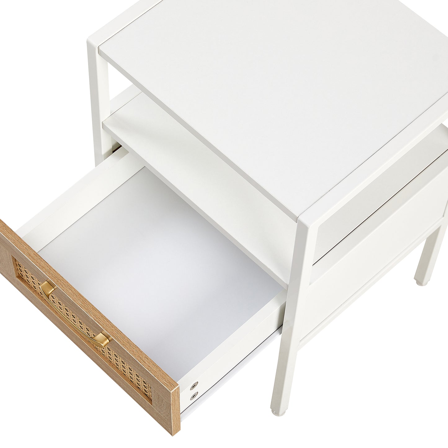 White bedside table with one open drawer showcasing woven front and brass handle