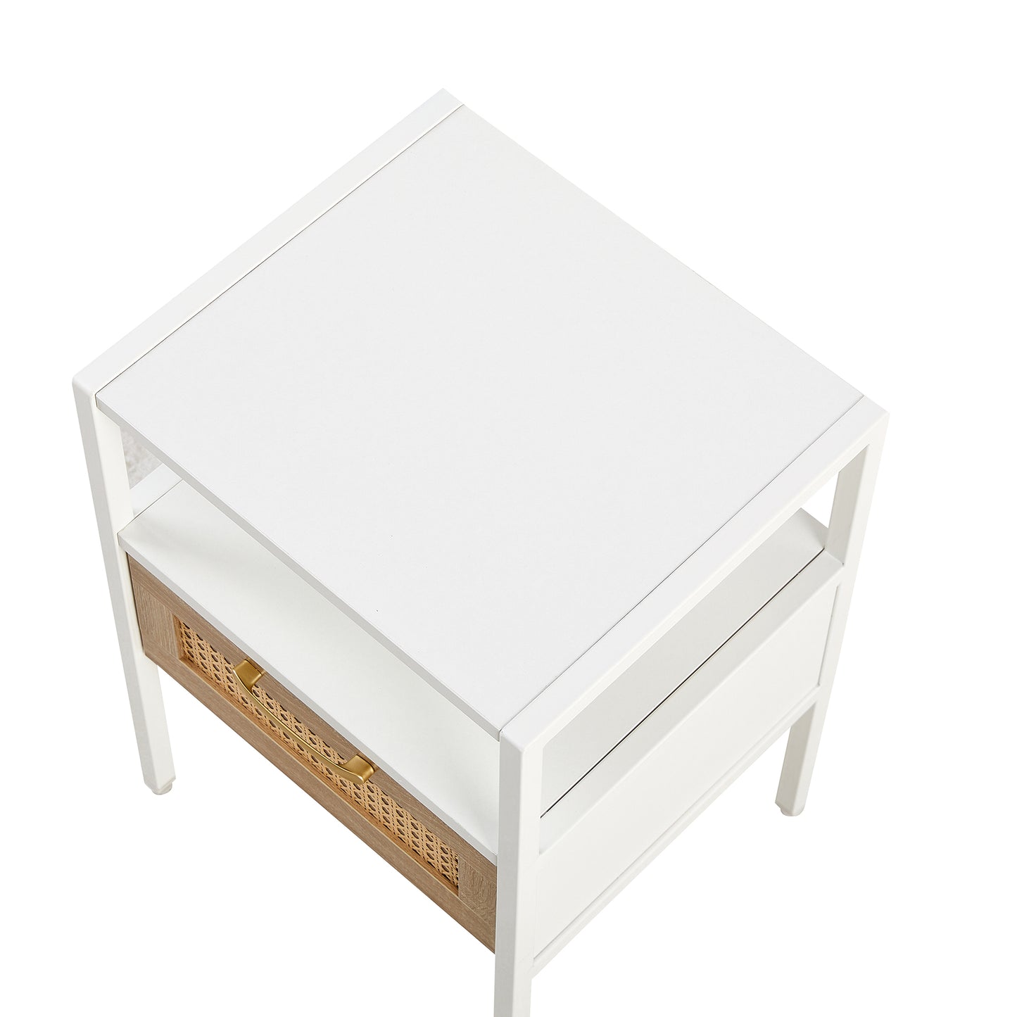 White bedside table with woven drawer front and gold handle
