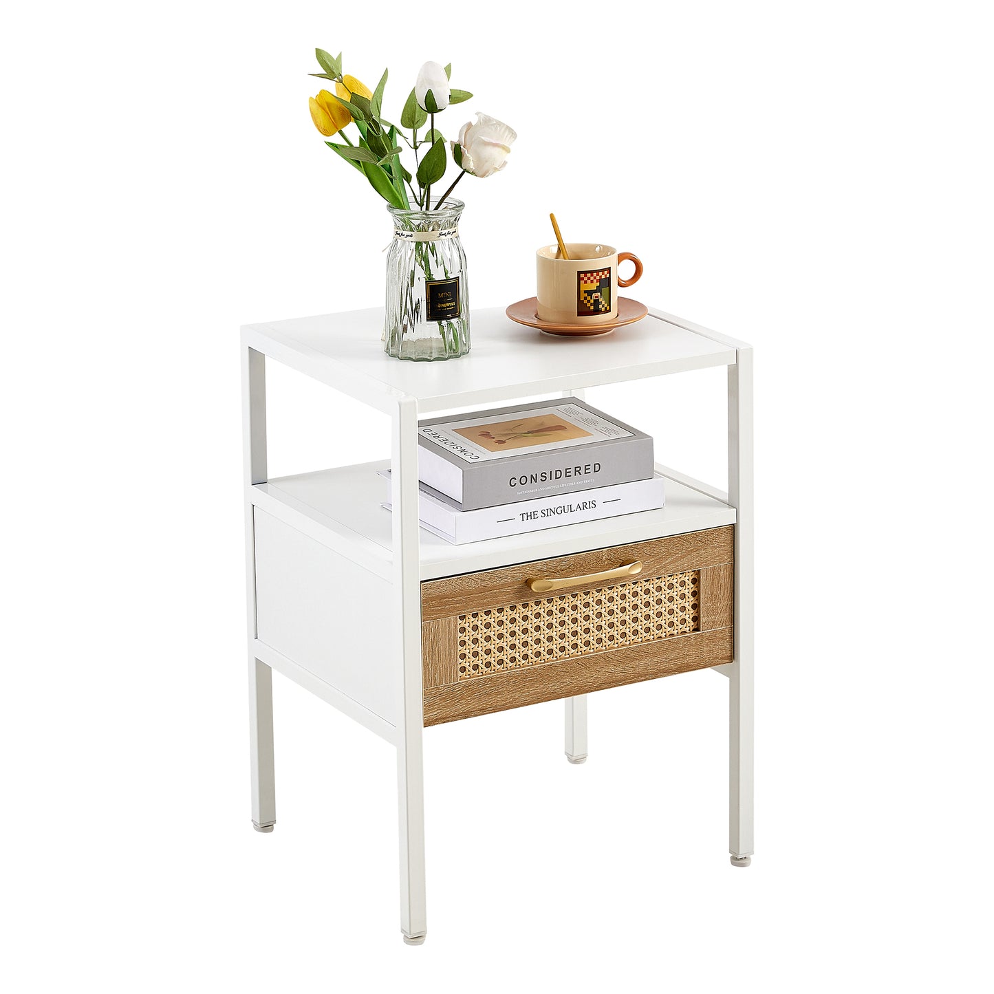 White metal end table with woven cane drawer