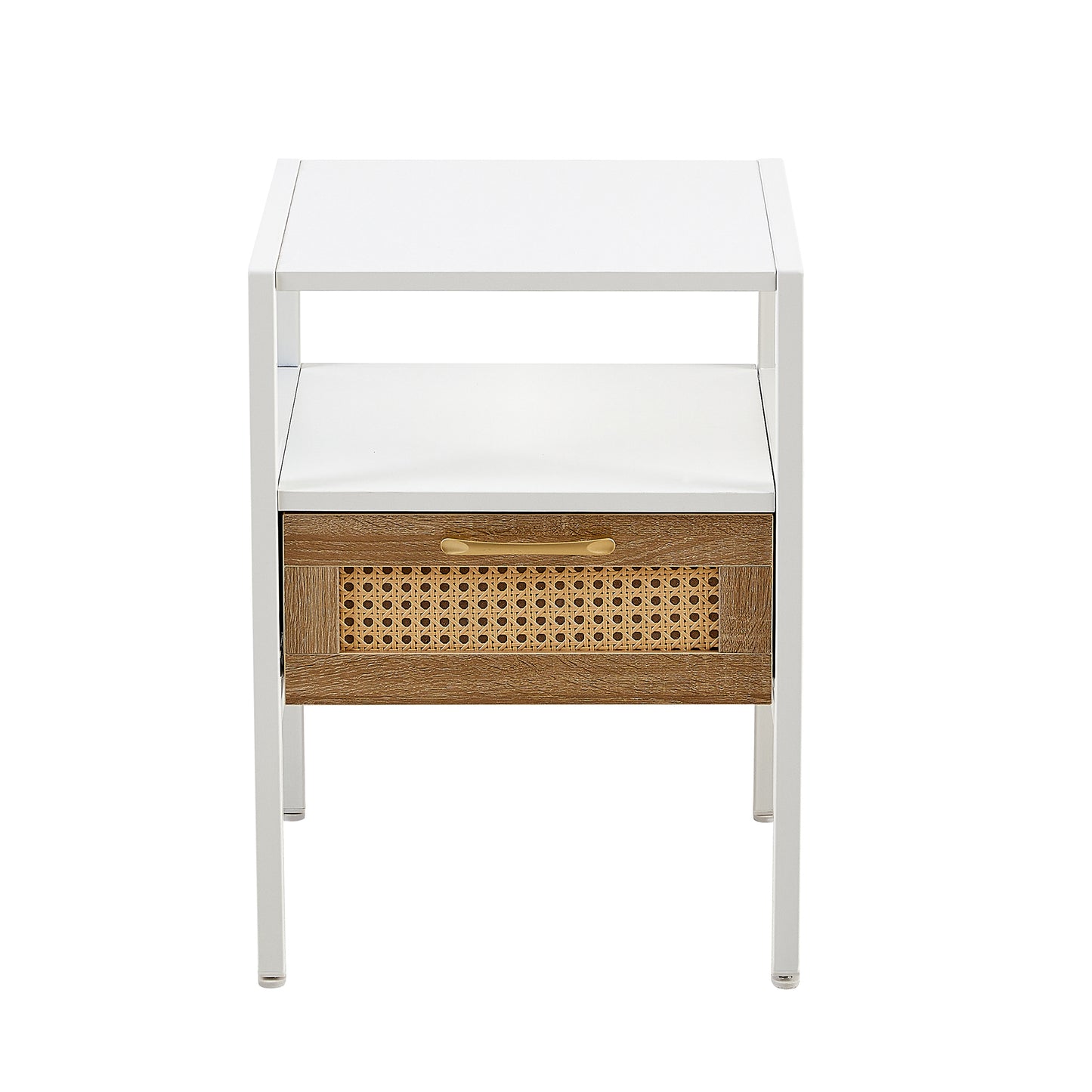White metal side table with rattan drawer front and brass handle