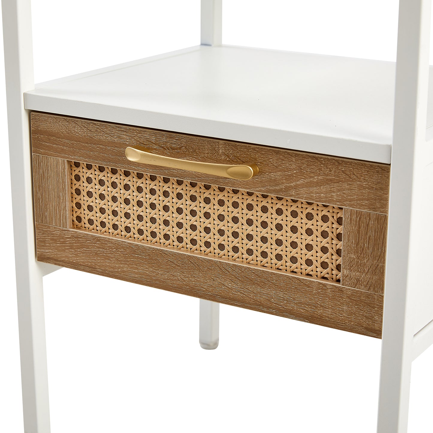 Modern White Rattan End Table with Drawer and Metal Legs